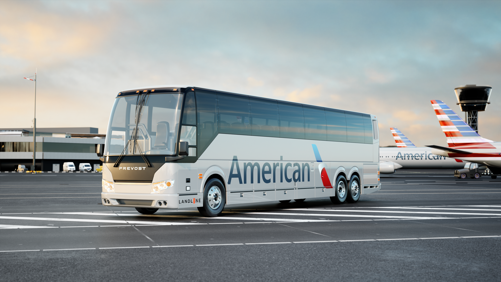 A white bus emblazoned with the logo of American Airlines