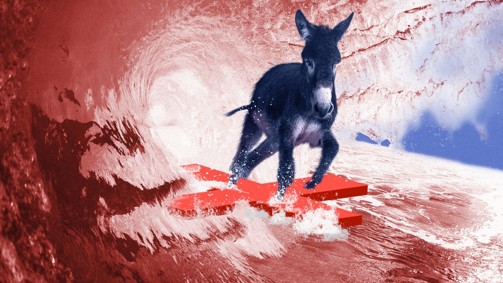 Illustration of a donkey riding a red cross on a red wave.