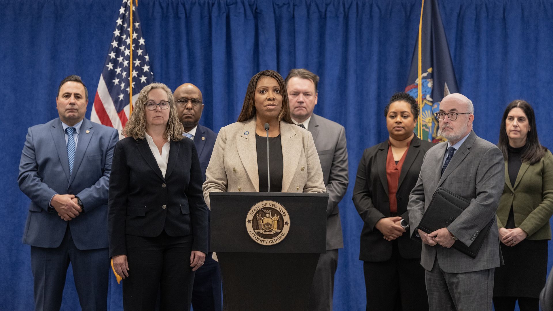 New York State Attorney General Letitia James makes an announcement at the Office of the New York Attorney General. Photo: Lev Radin/Pacific Press/LightRocket via Getty Images 