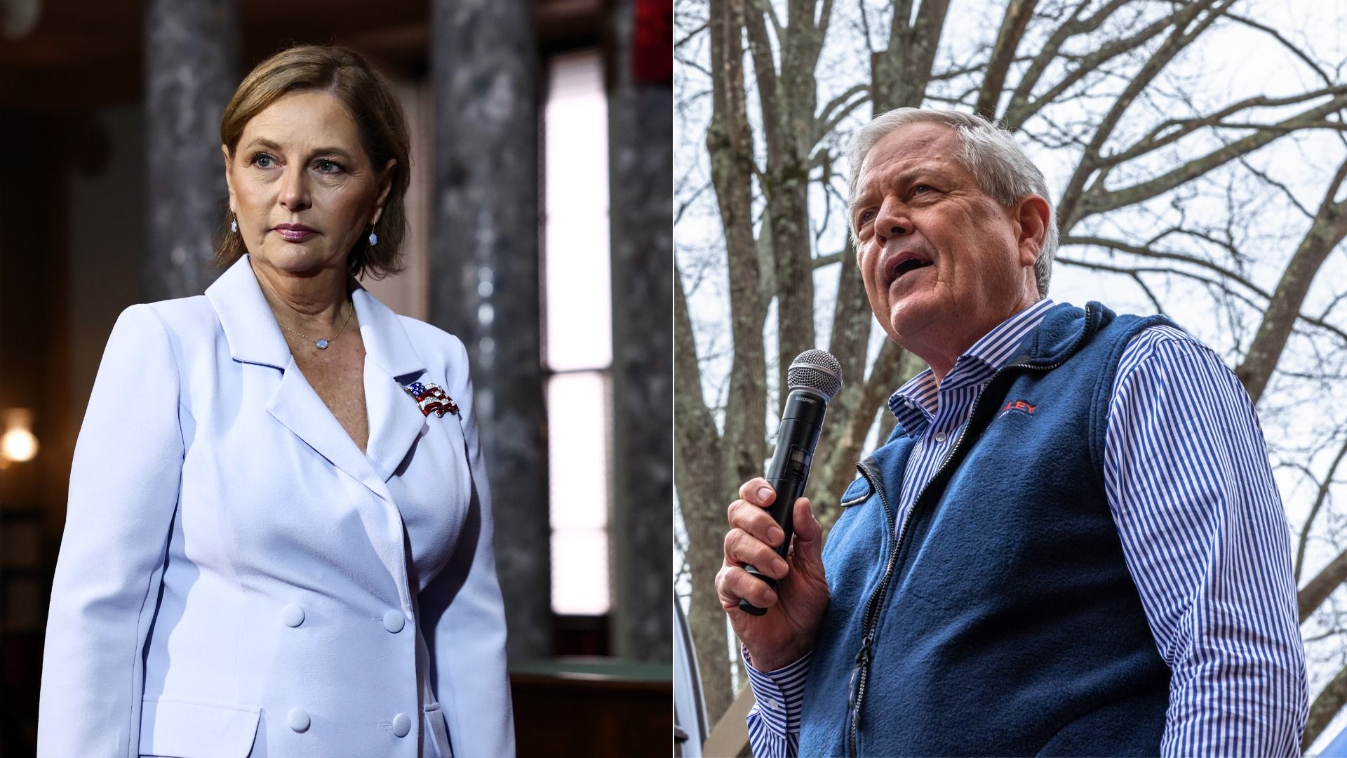Woman in blazer and man speaking into mic both politicains