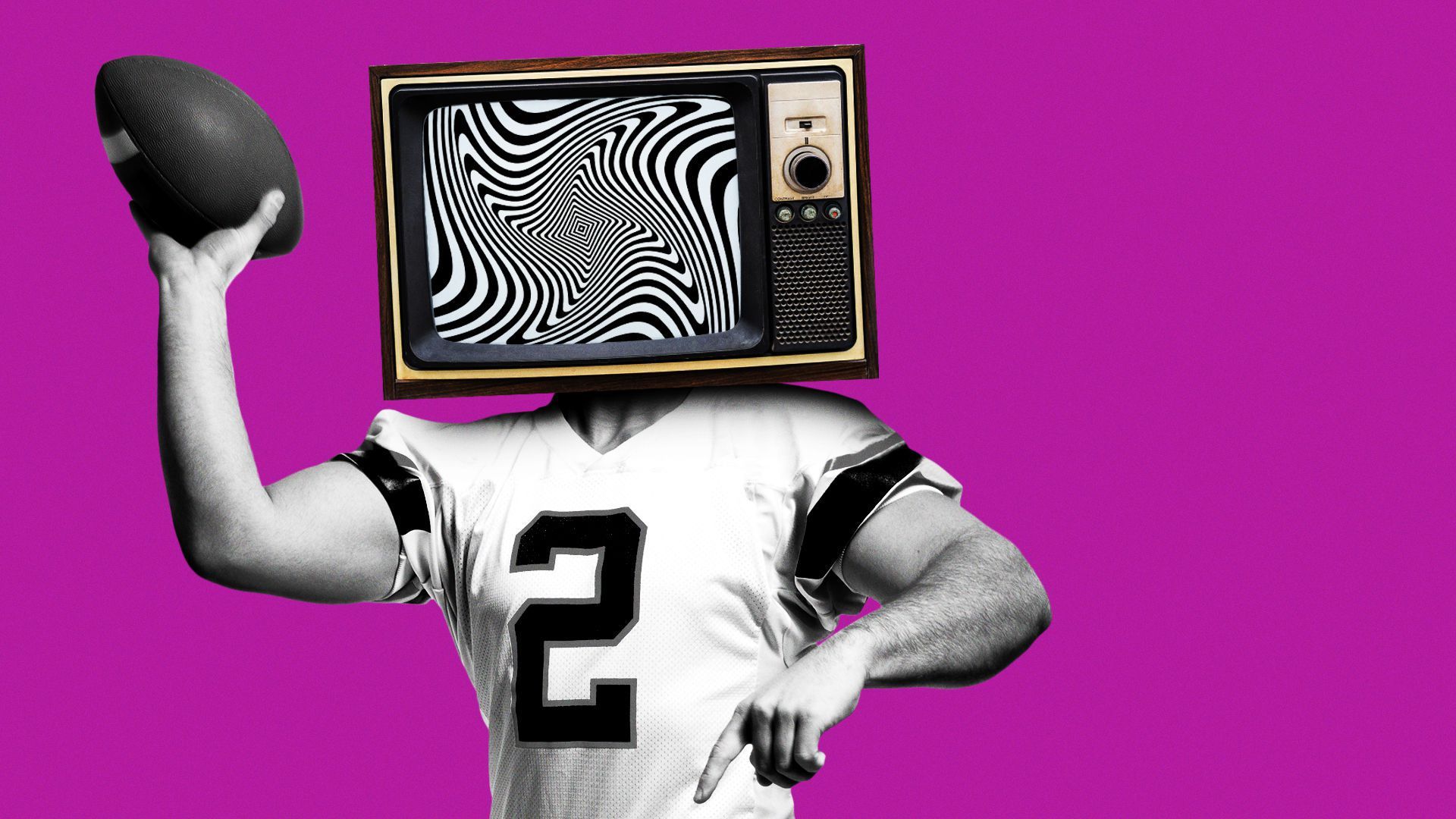 A football player with a TV set for a head with a black and white spiral in the picture