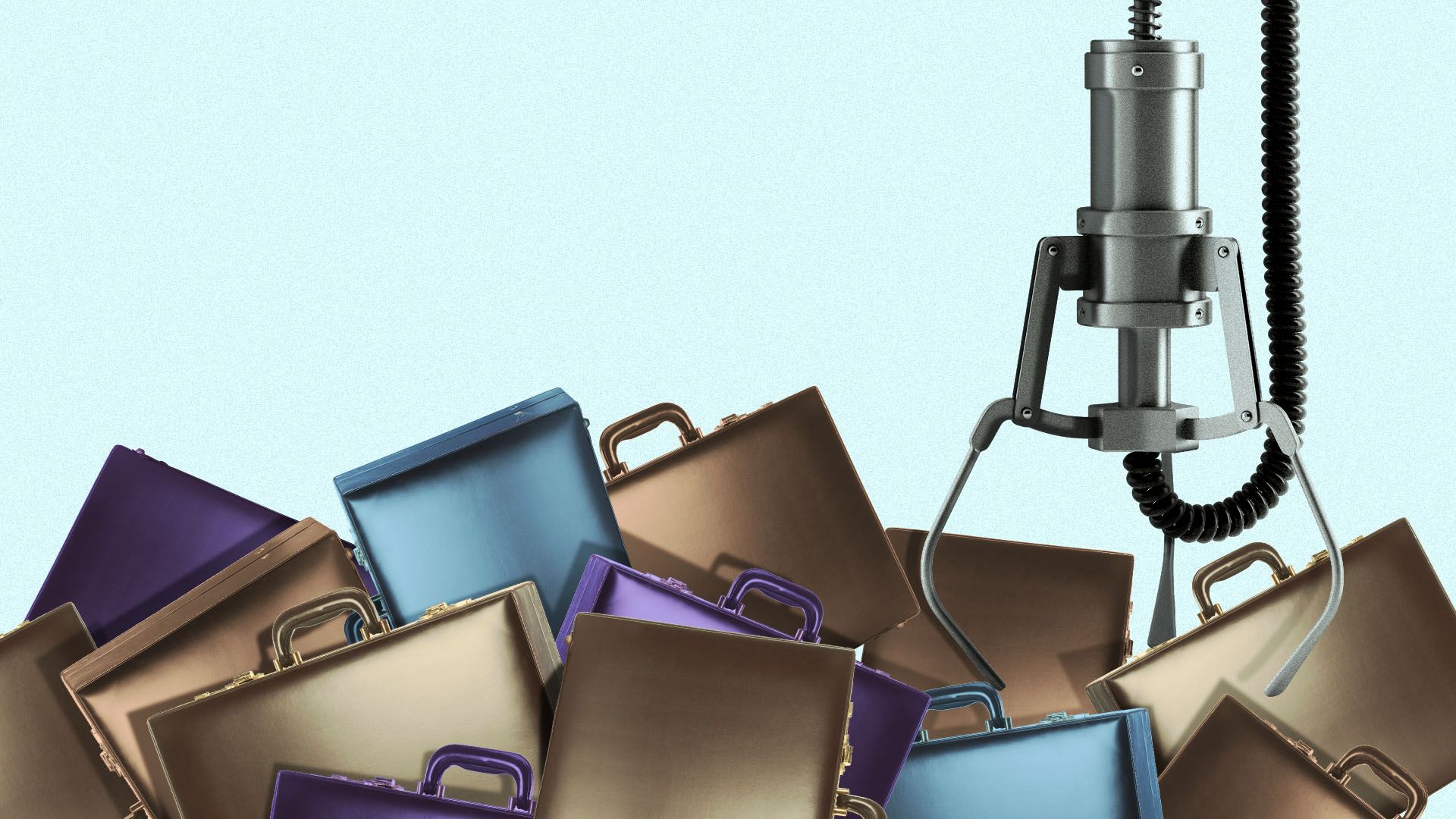 Illustration of an arcade claw machine filled with different colored briefcases