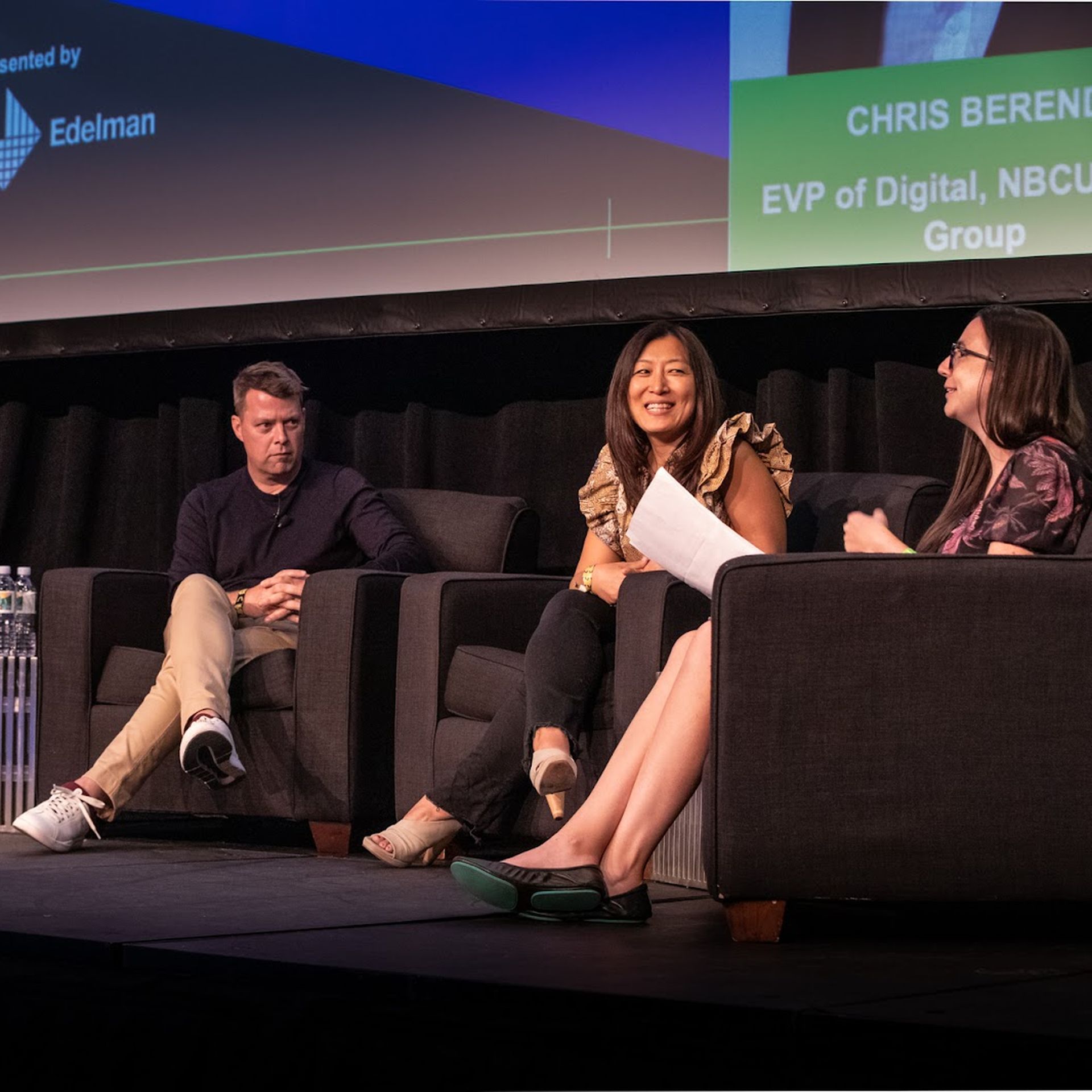 Chris Berend, EVP of Digital for the NBCU News Group; Catherine Kim, SVP of Global Digital News; and Janelle Rodriguez, SVP of NBC News NOW, joined Axios’ Kerry Flynnat VidCon 2022.