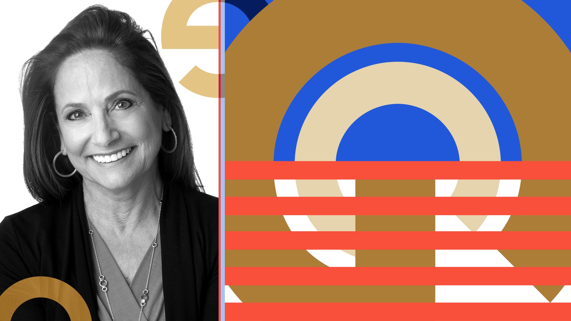 Photo illustration of Karen Dahut, CEO of Google Public Sector, on a background of abstract Google logos and lines. 