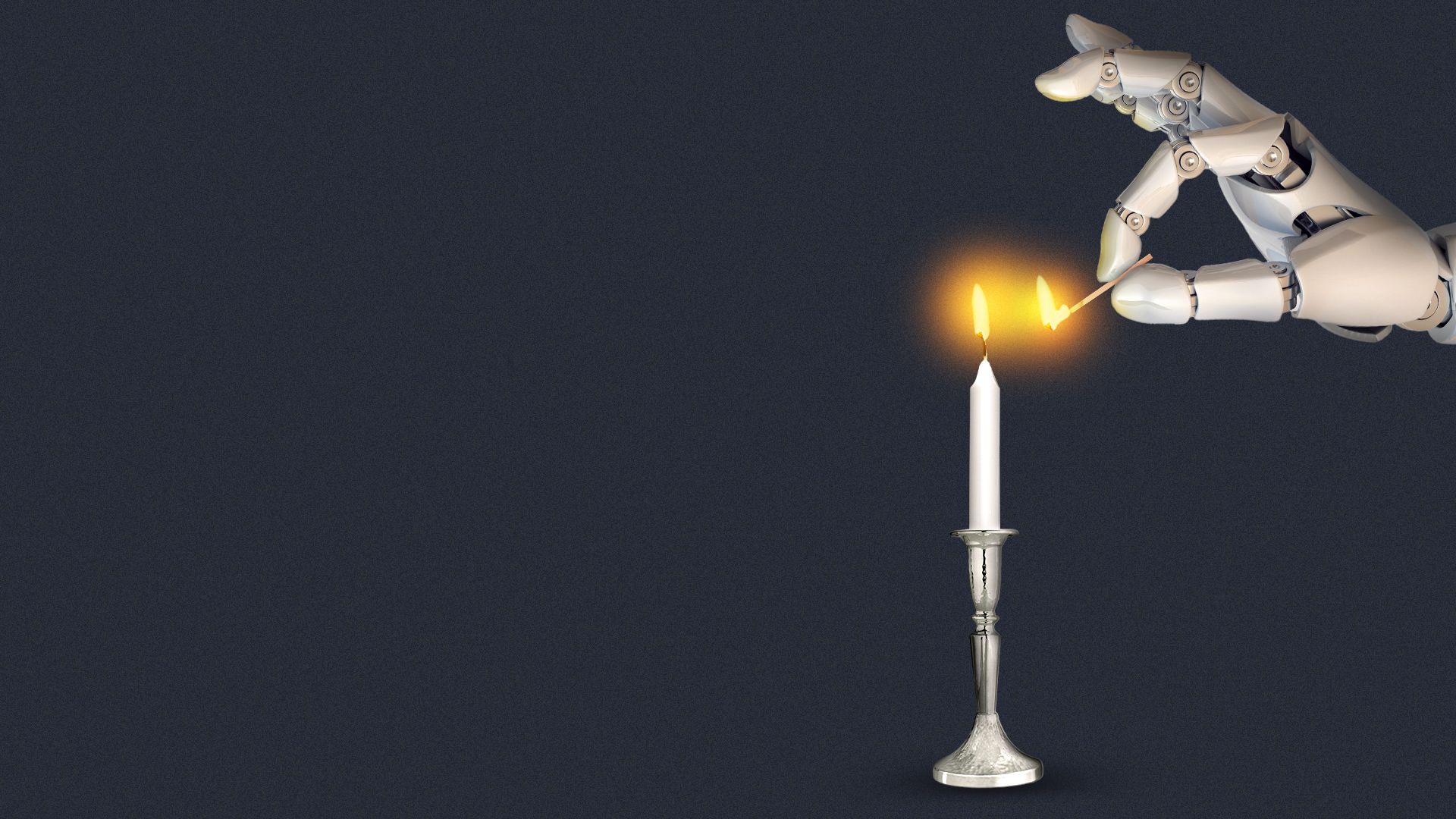 Illustration of a robot hand holding a match and lighting a Shabbat candle. 