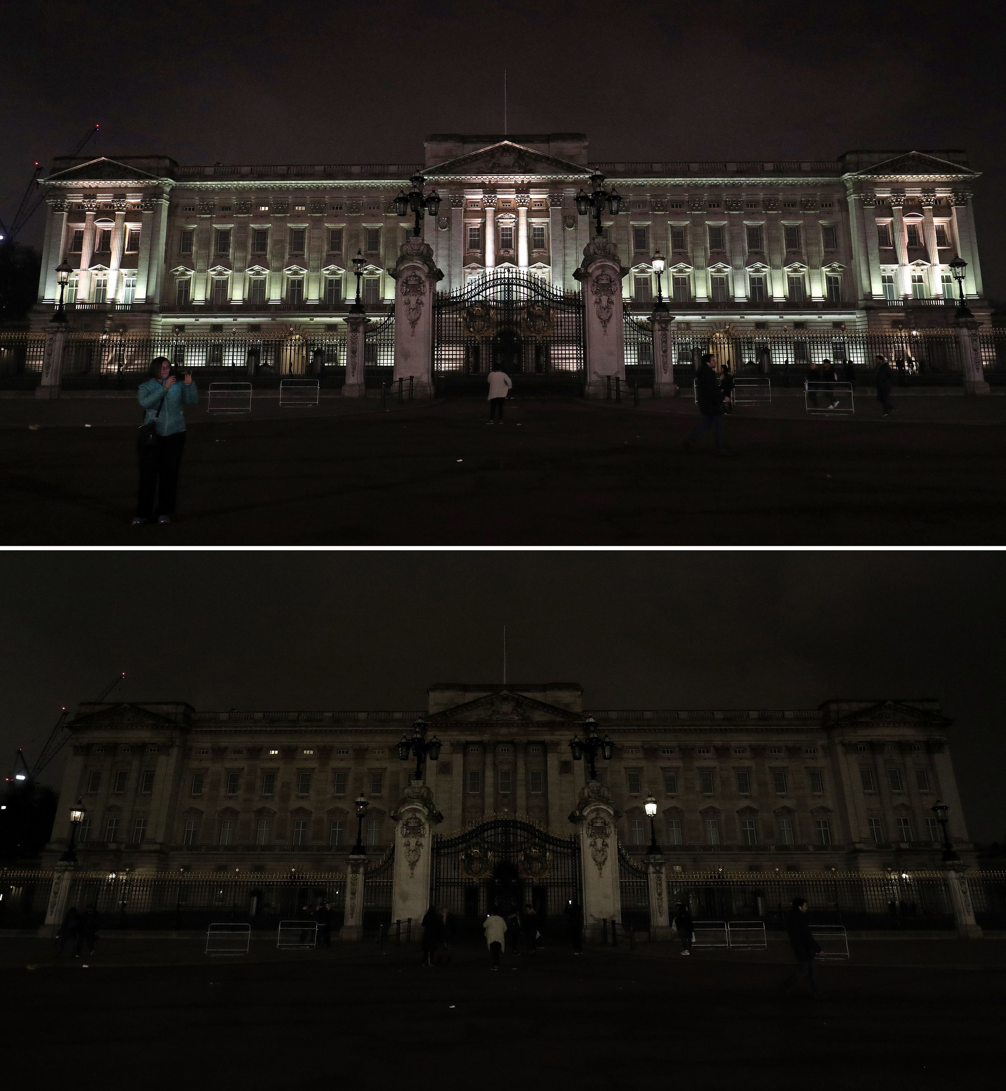  Buckingham Palace in London before and after it switches off its lights for an hour to mark WWF's Earth Hour.