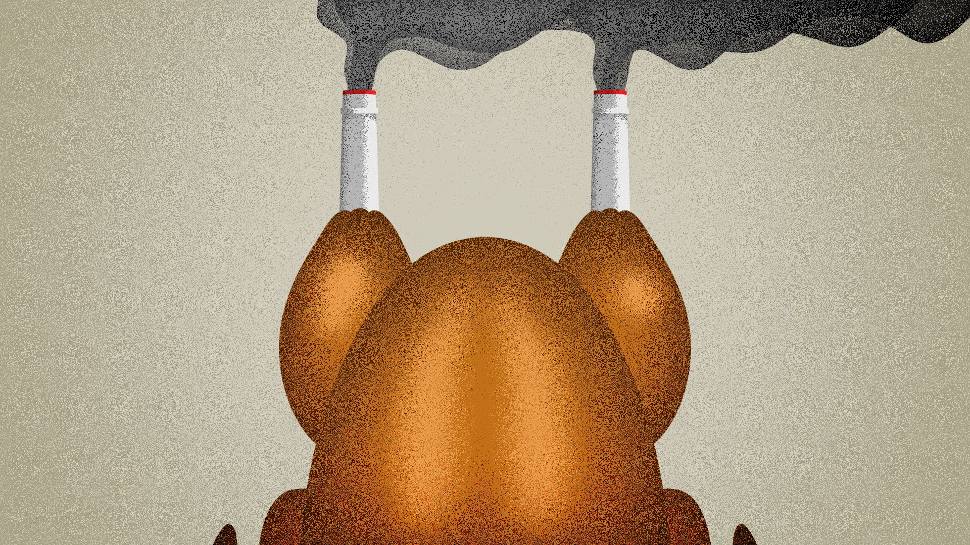 Illustration of a cooked turkey, but its boned legs are smoke stacks. 