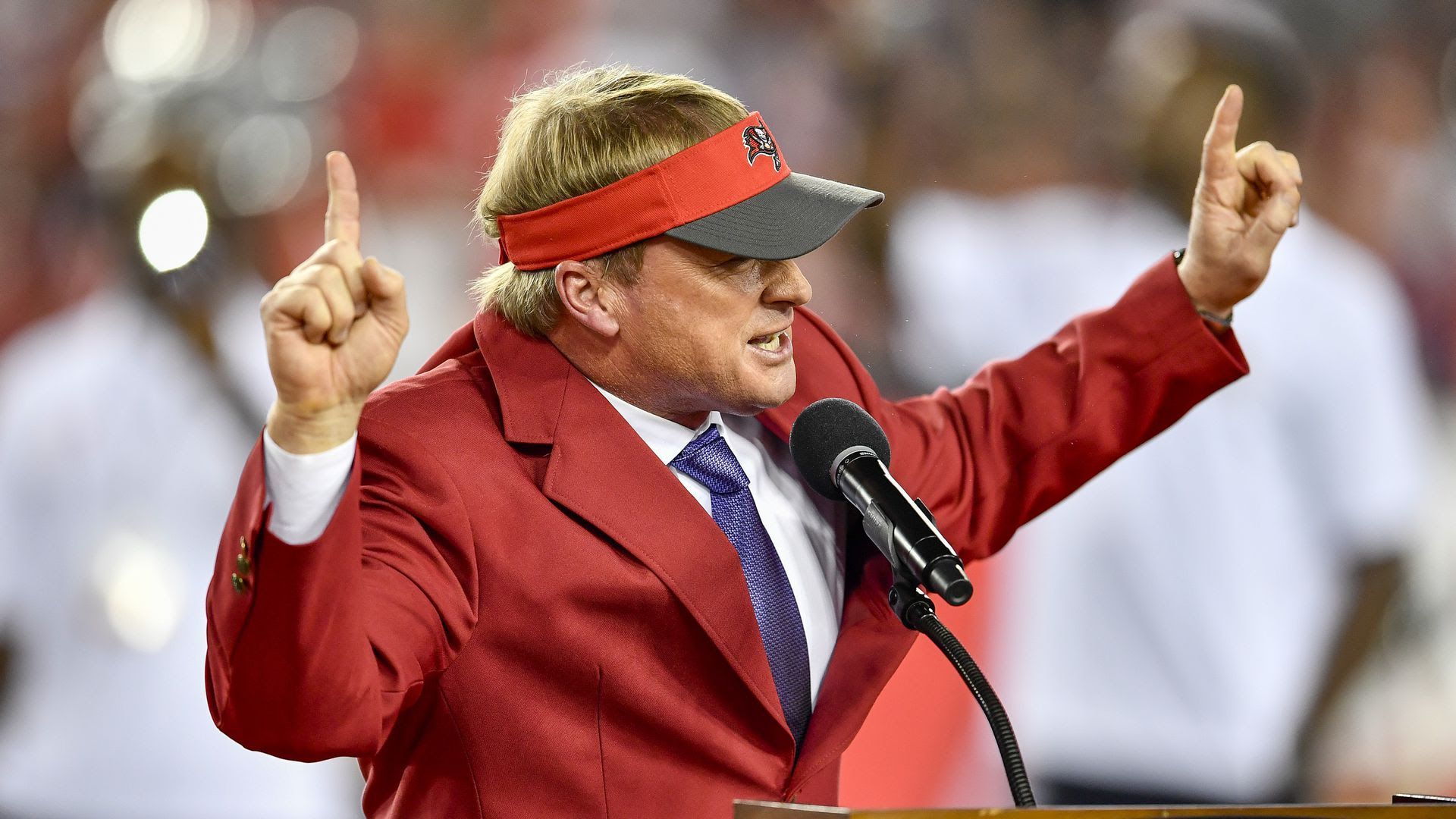 Former Buccaneers coach John Gruden gives his speech during his induction to the Buccaneers Ring of Honor at half-time during a 2017 game in Tampa.