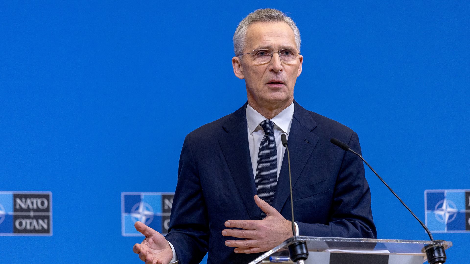 Jens Stoltenberg holds a press conference at NATO headquarters during the first of two days of defence ministers' meetings on February 14, 2024 in Brussels,