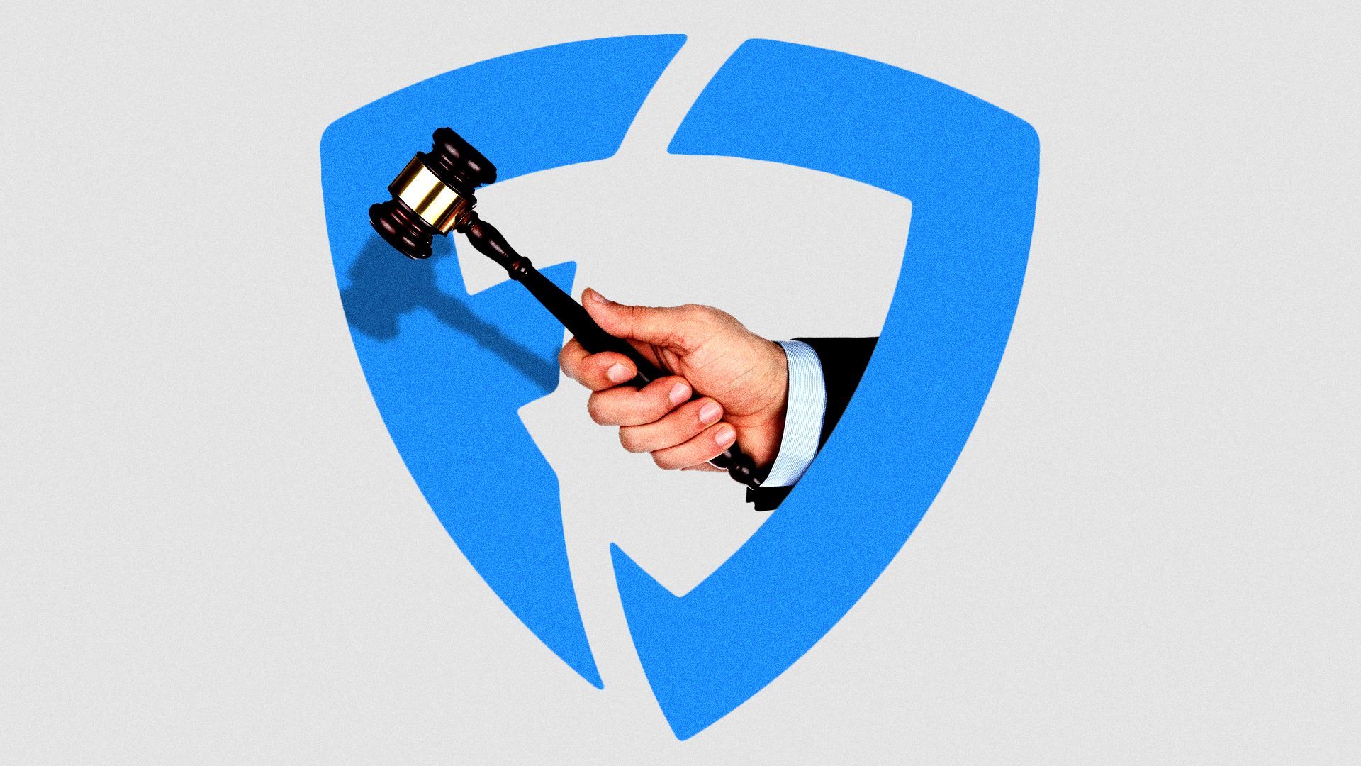 Illustration of a hand with a gavel reaching through the FanDuel logo.
