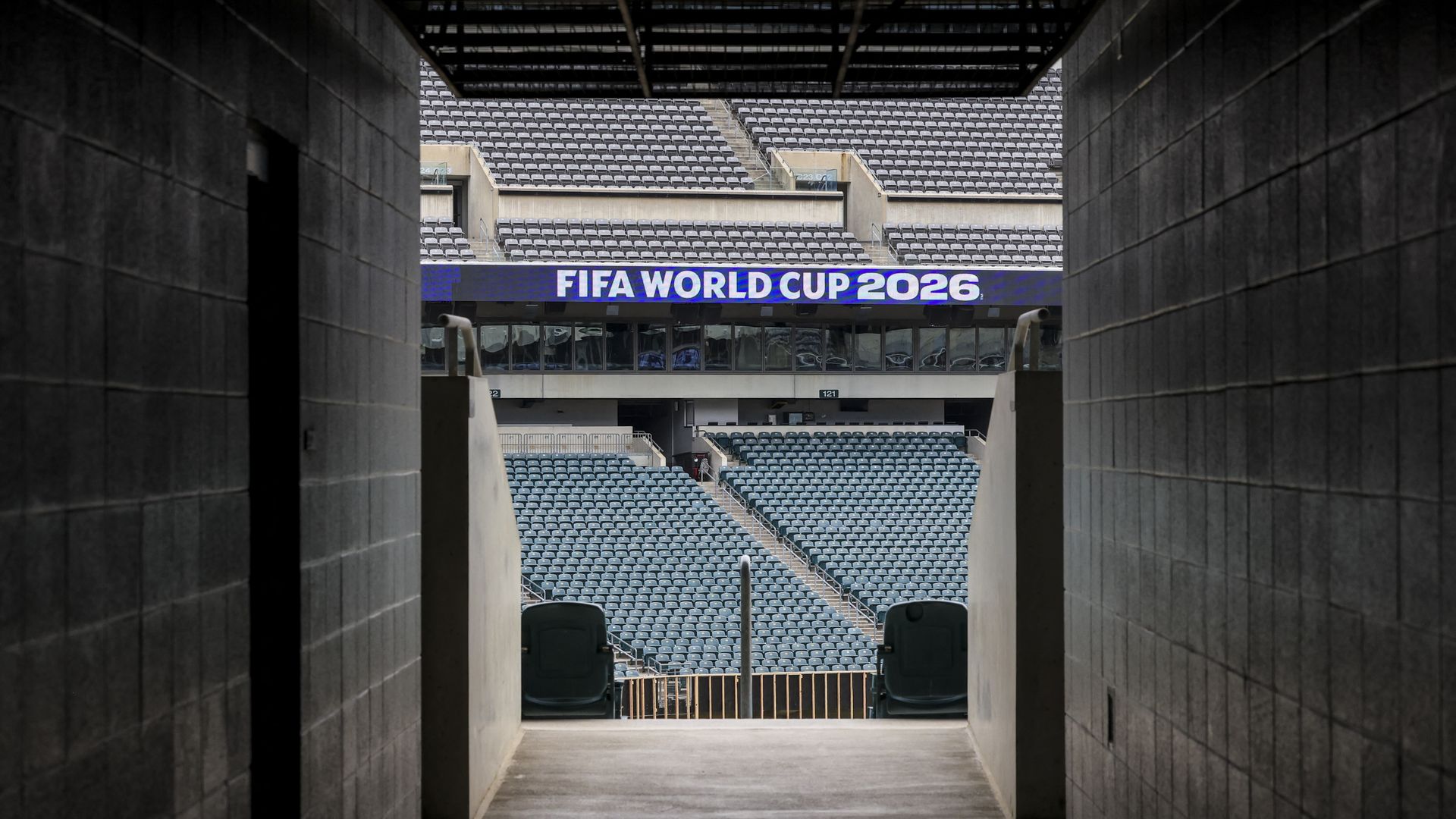 A sign inside a Lincoln Financial Field that says "FIFA World Cup 2026."
