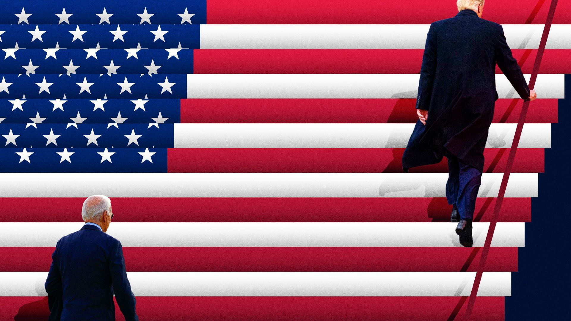 Photo illustration of Donald Trump climbing stairs that look like the American flag, with Joe Biden behind. 