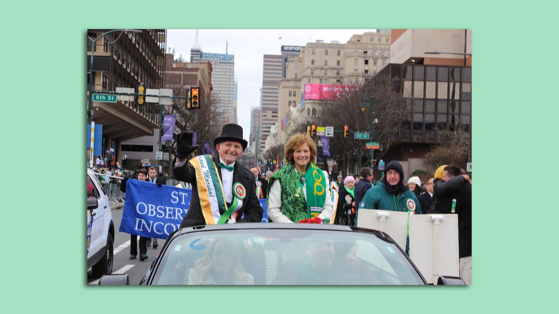Caption: St. Patrick's Day Parade Grand Marshal Barney Boyce (left) and wife Carmel Boyce during the 2017 parade