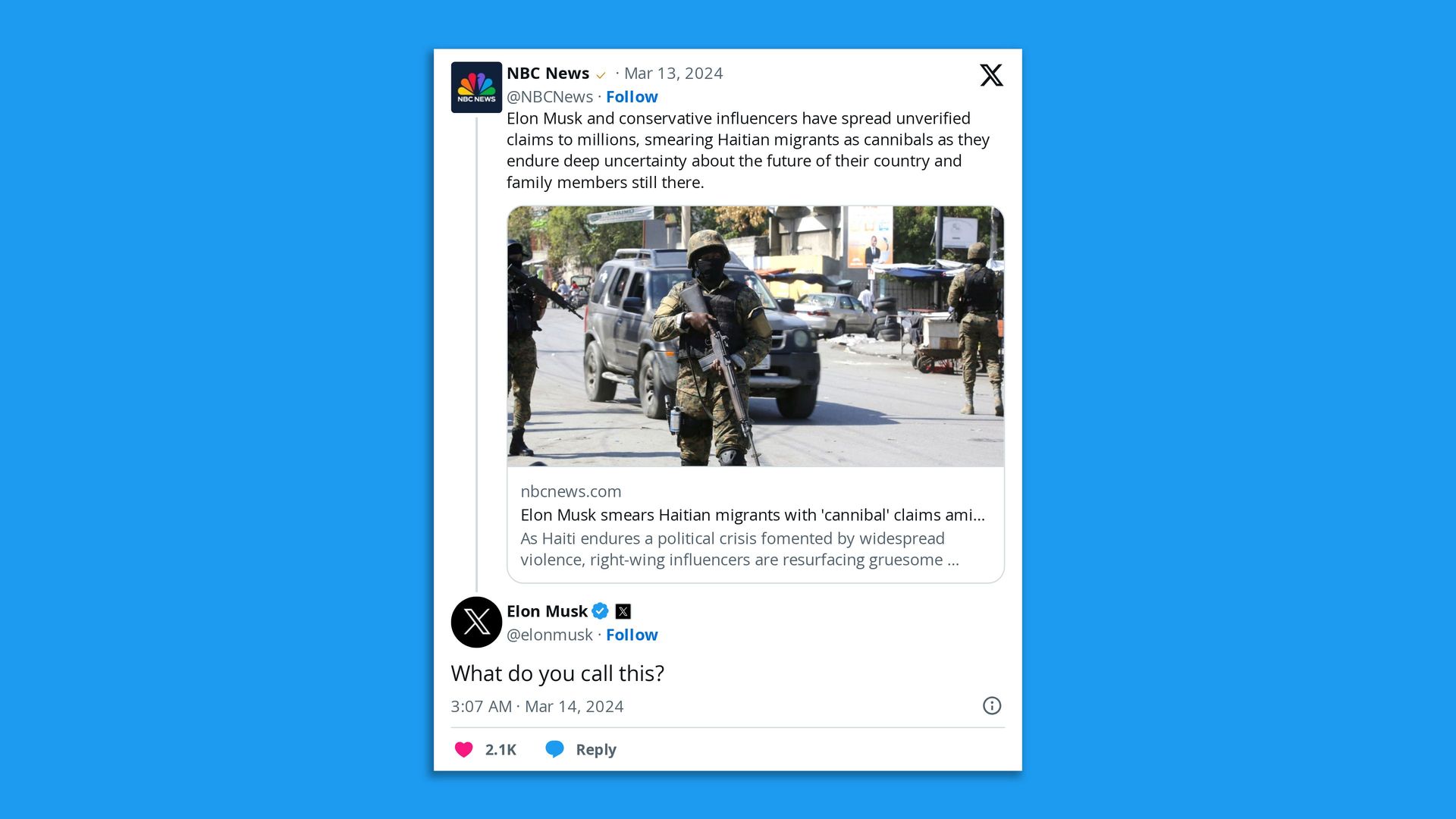 Elon Musk response to an NBC news article critical of him.