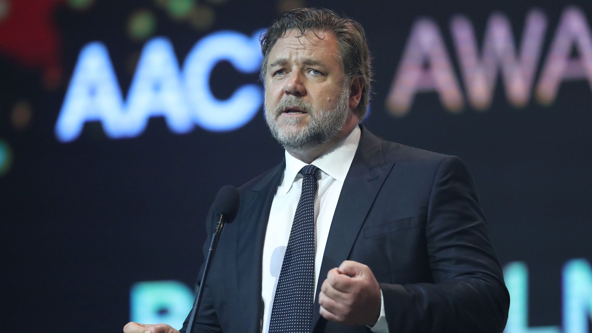 : Russell Crowe presents the AACTA Award for Best Asian Film Presented By PR Asia during the 7th AACTA Awards Presented by Foxtel | Ceremony at The Star on December 6, 2017 in Sydney