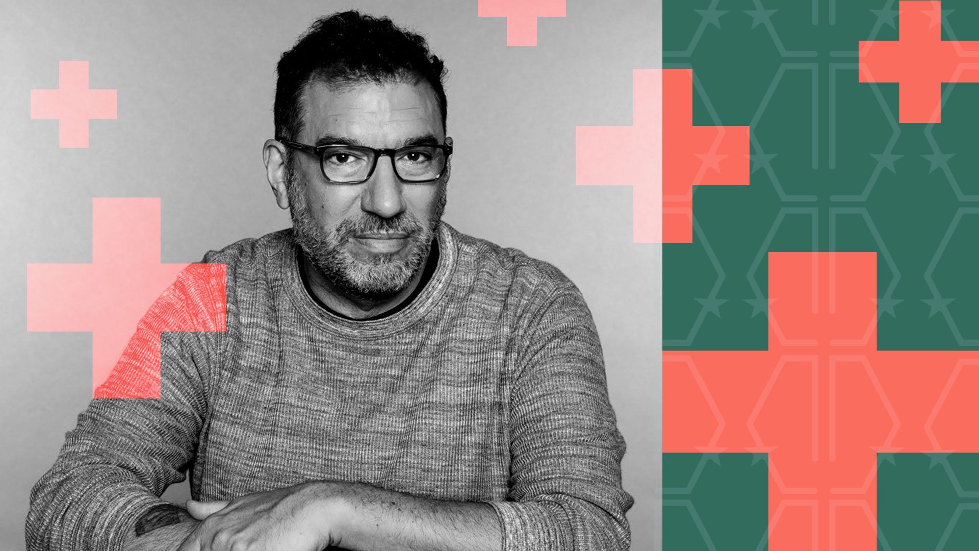 Photo illustration of Town Hall Ventures' general partner Andy Slavitt with the company's logo and red crosses