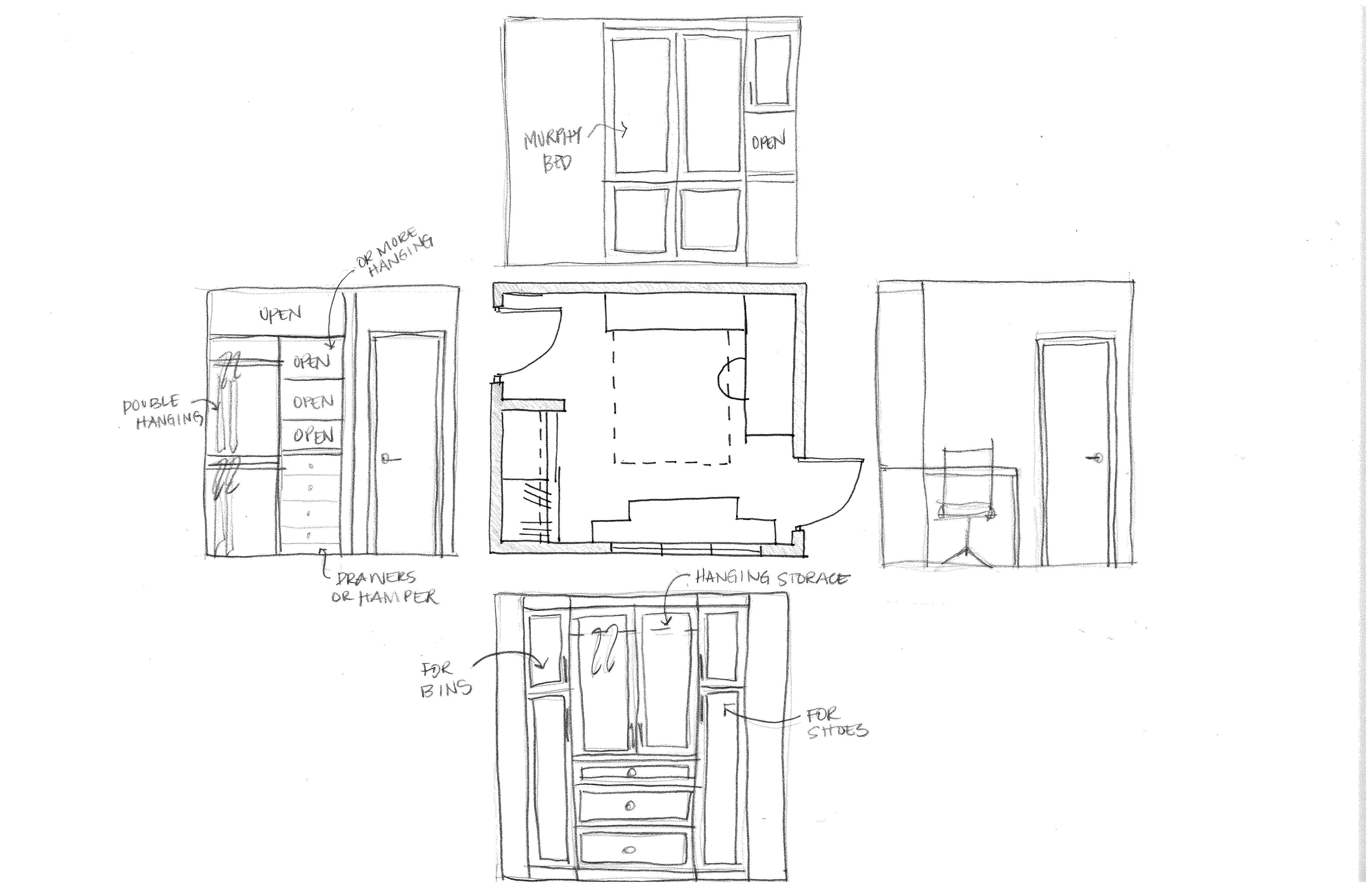 Hand-drawn wardrobe layout with multiple views: upper cabinets, tall units, open doors, double and single hanging sections, drawers/hamper area, hanging storage, space for bins and shelves, and a central floor plan.