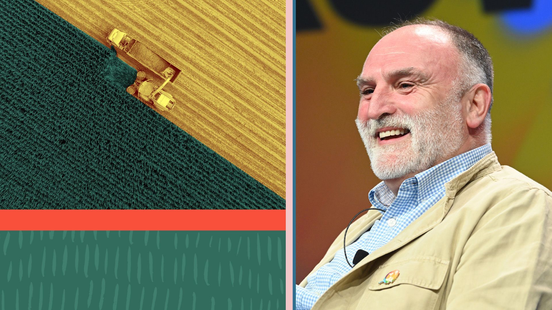 Photo illustration of José Andrés with various shapes and a photo of tractor harvesting a field 