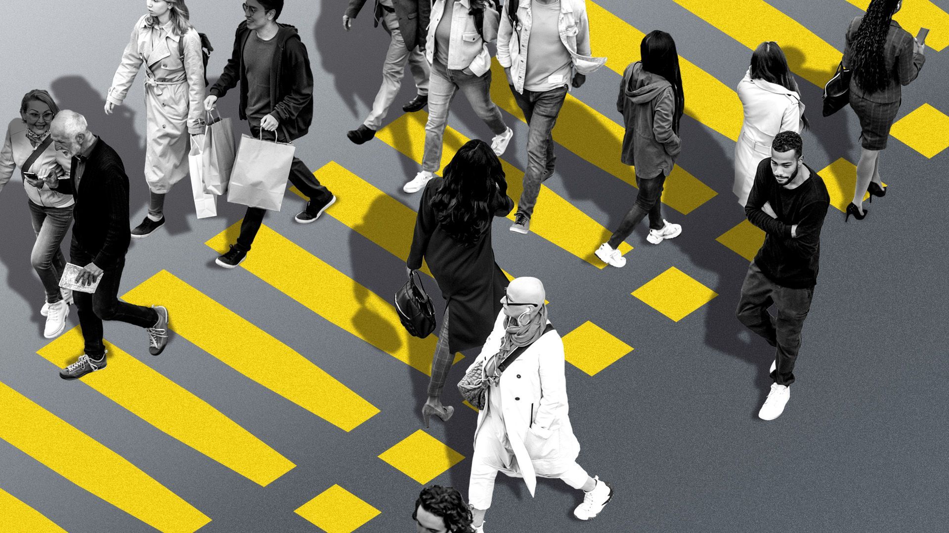 Illustration of a group of people crossing a crosswalk with exclamation points for lines