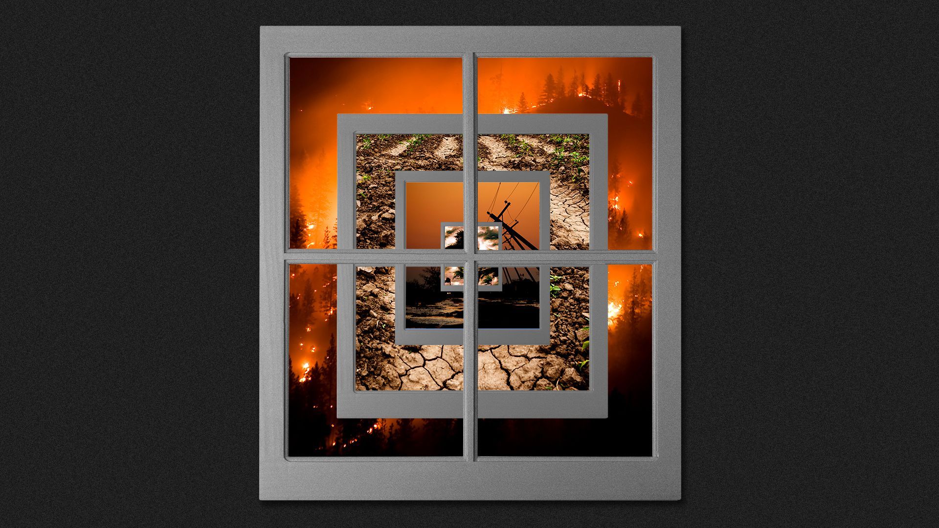 Illustration of many a window showing a wildfire through the glass, as well as another window with drought imagery, which holds another window with a photo of a hurricane