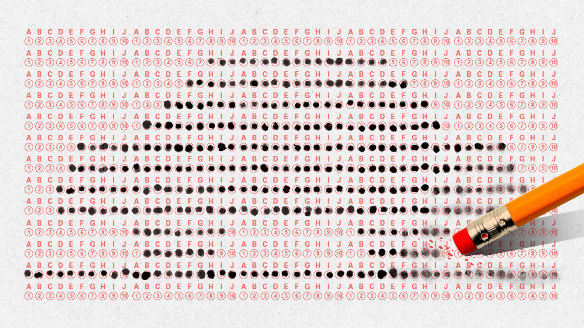 An SAT test form with answers in the shape of a car and a pencil erasing some of them