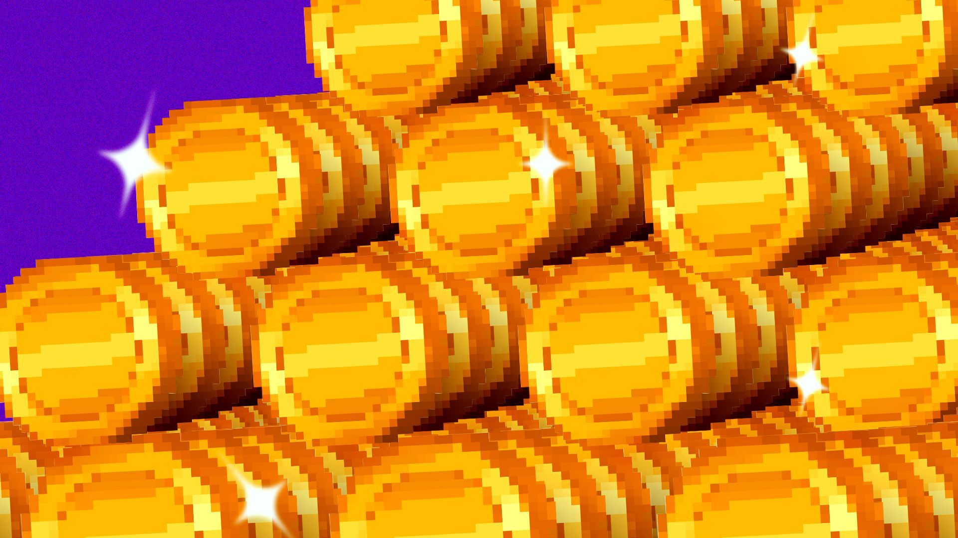 Illustration of many rows of pixelated coins stacked on top of each other 