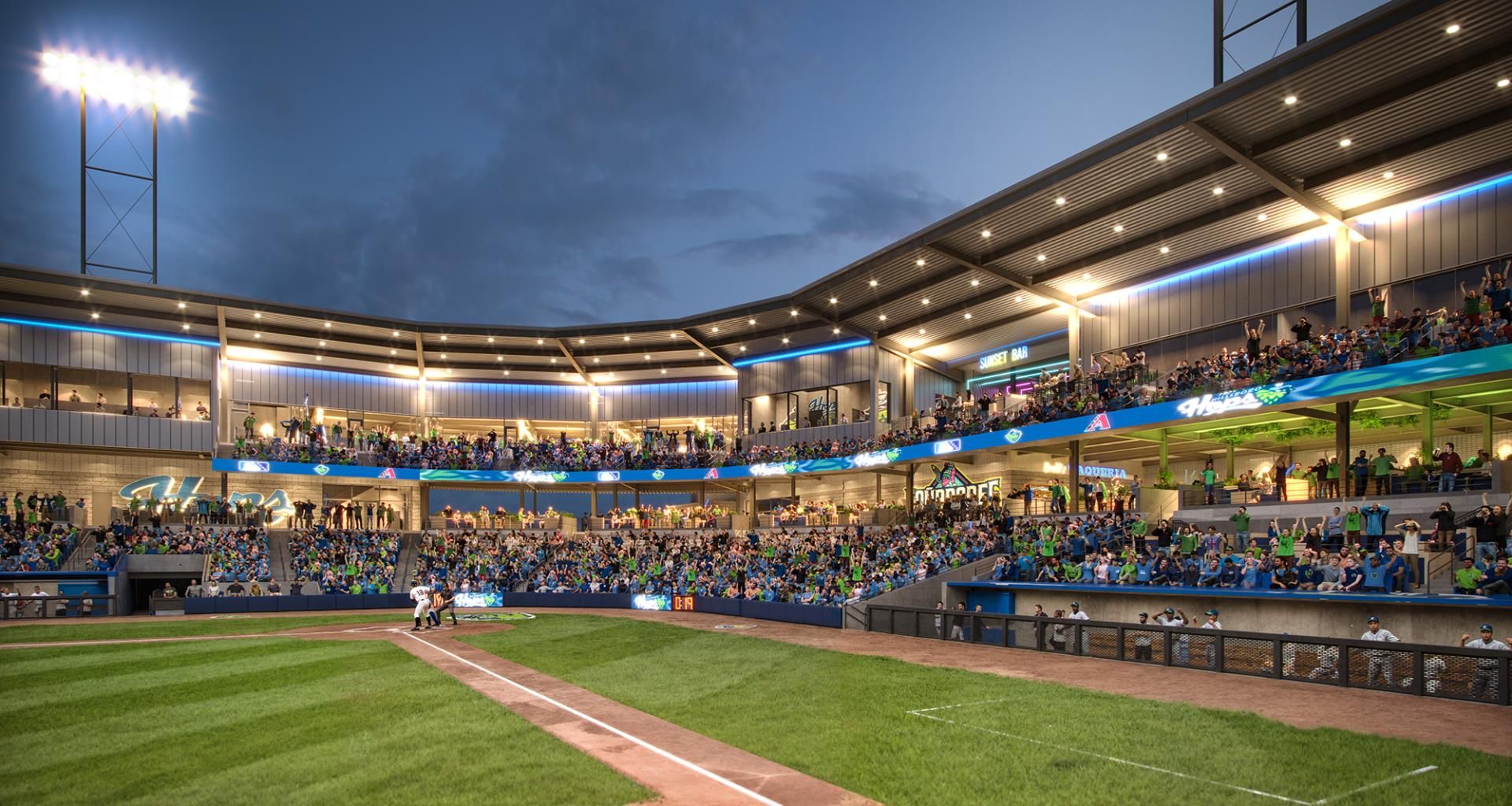 An artist's rendering of an evening baseball game at a well-lit stadium packed with fans wearing green and blue, with a player at bat and vibrant scoreboard and signage around the stands.