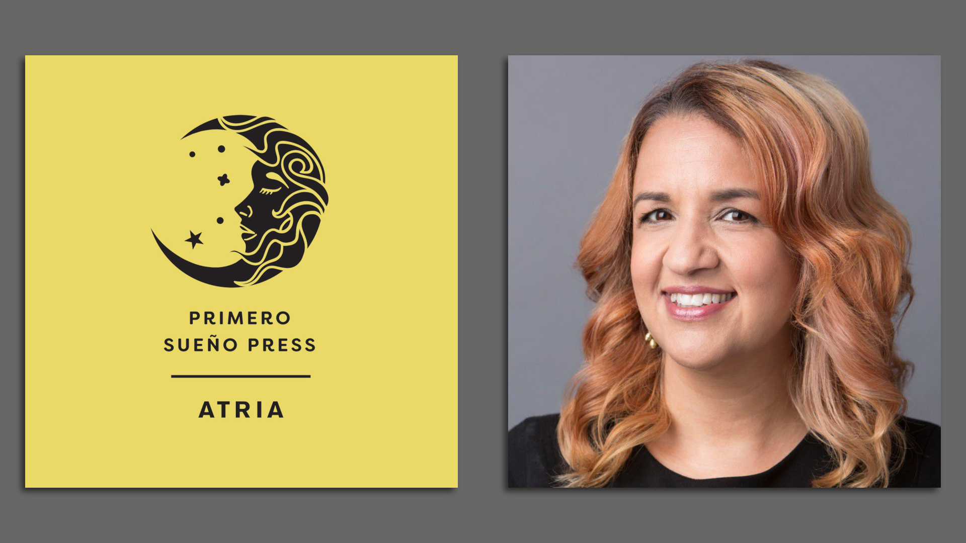 The logo for primero sueno press is shown against yellow backdrop. Next to that is a headshot for Michelle Herrera Mulligan