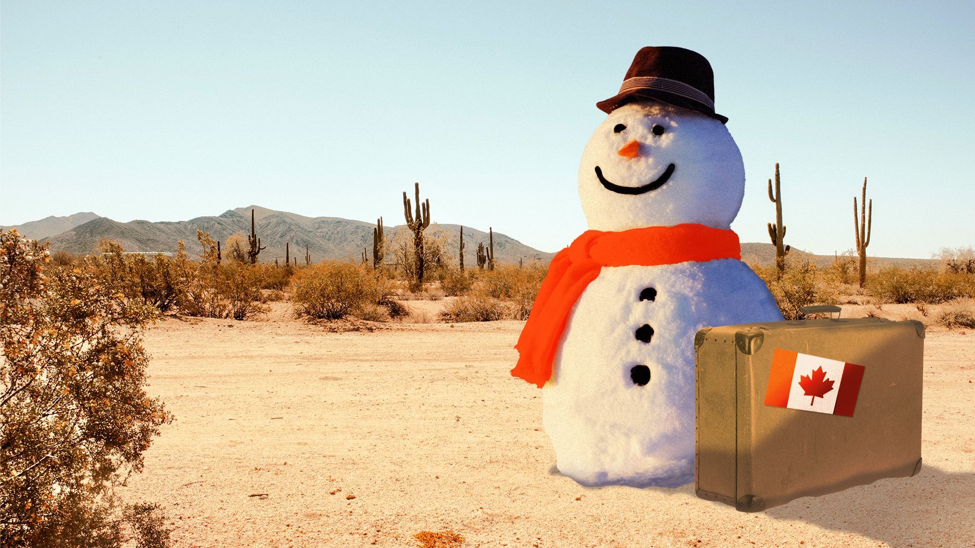 Illustration of a snowman next to a suitcase with a Canadian flag stamp on it in a desert.