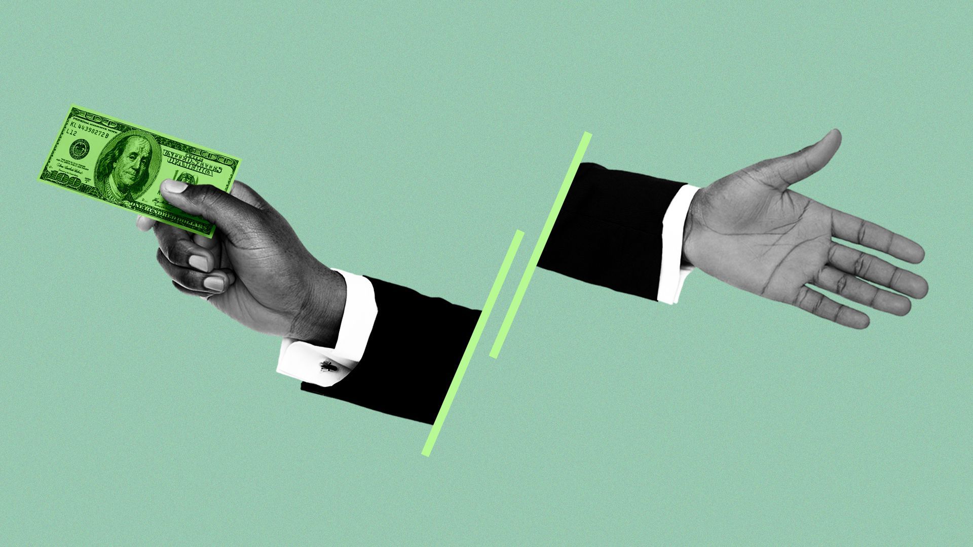 Illustration of two hands: one holding a hundred dollar bill, the other empty.