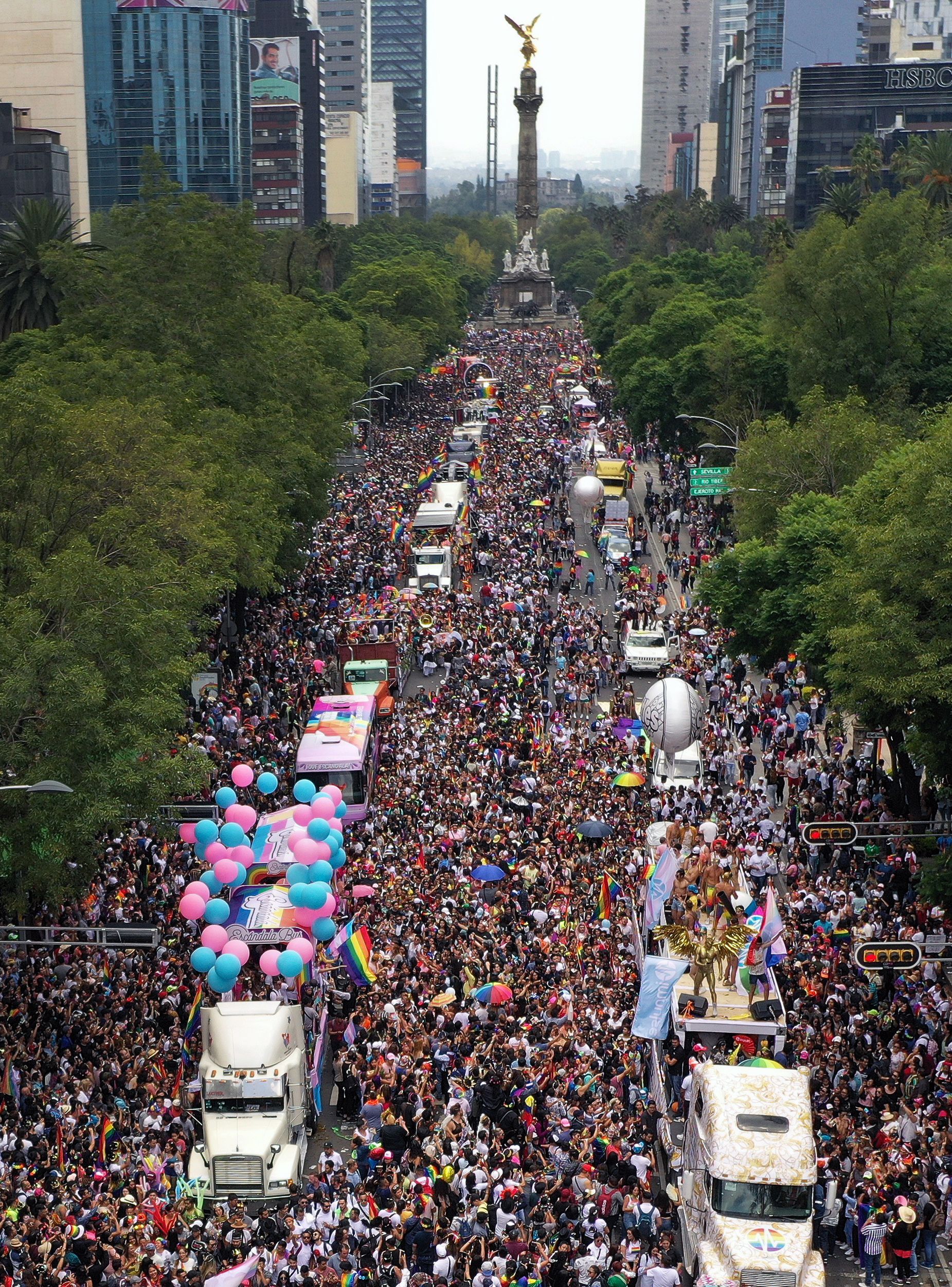 Aerial view of the 41st Gay Pride Parade along the Reforma Avenue in Mexico City on June 29.