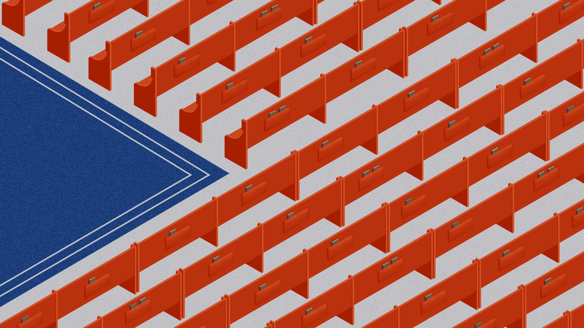 Illustration of a series of empty church pews in red, set against a white and blue carpet, making up a flag.
