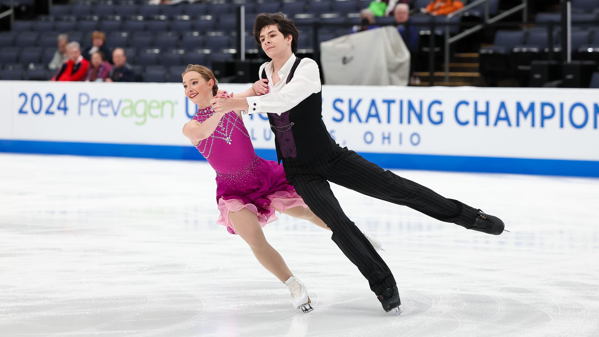 Jasmine Robertson and Cooper Cornwell compete in novice pattern dance Tuesday at Nationwide Arena 