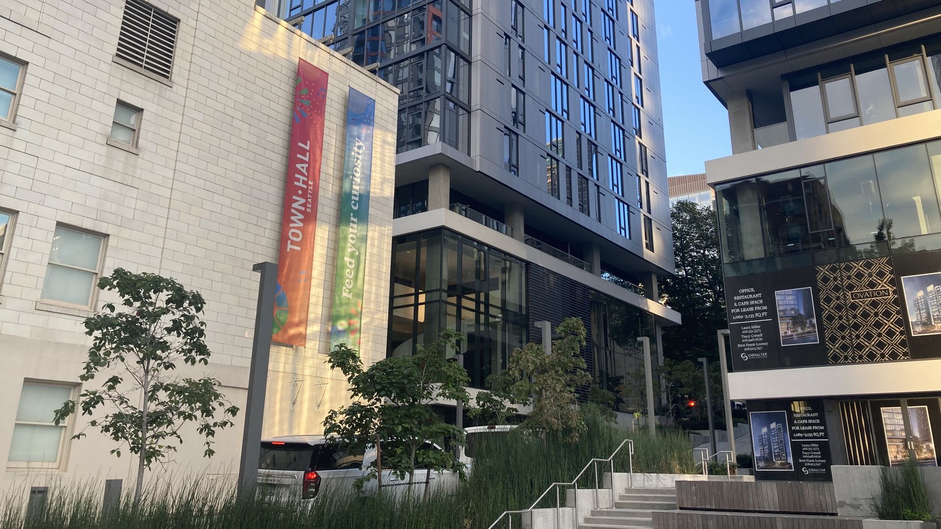 Reed and water gardens are planted around Town Hall Seattle. 