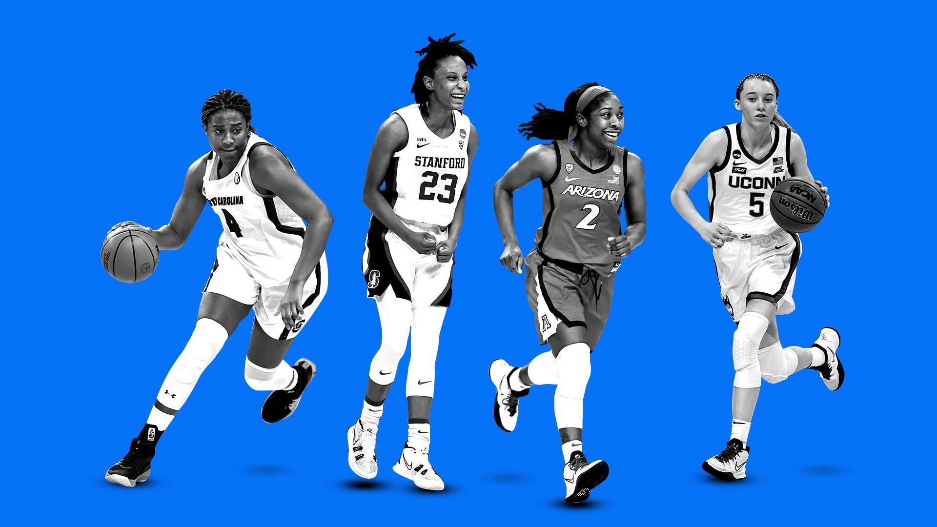 Photo illustration of Aliyah Boston, Kiana Williams, Aari McDonald, and Paige Bueckers