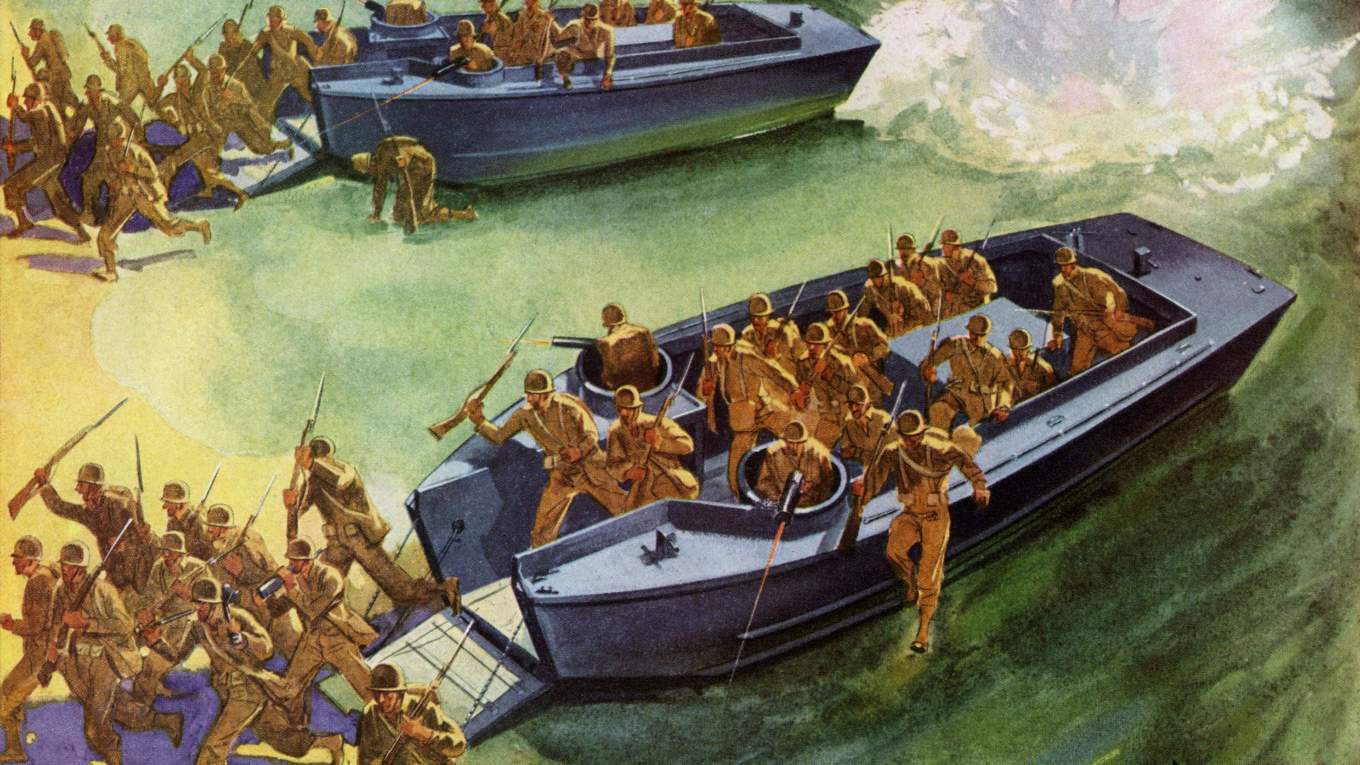 Image shows an illustration of the D-Day invasion with Higgins boats and soldiers.