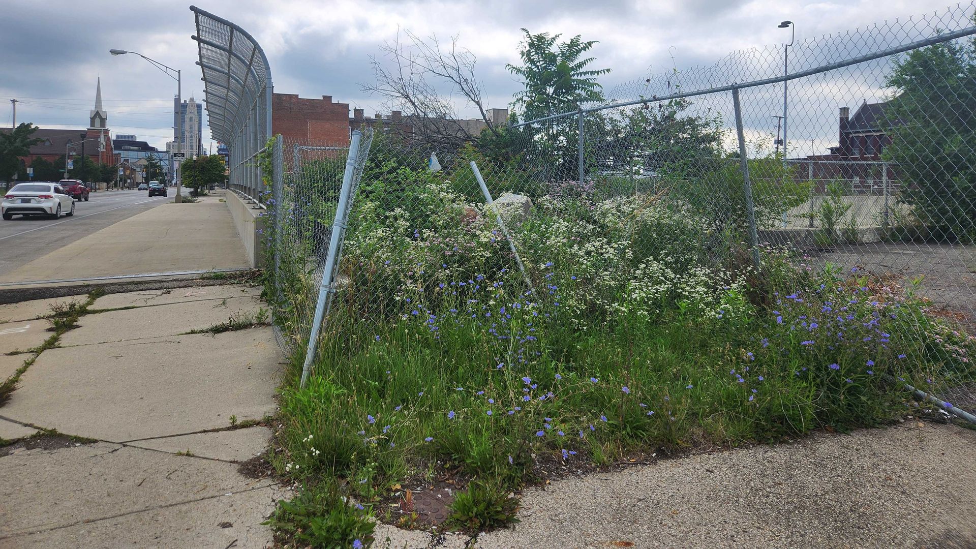 An overgrown, fenced off piece of grass with a ruinous historical marker in the center. 