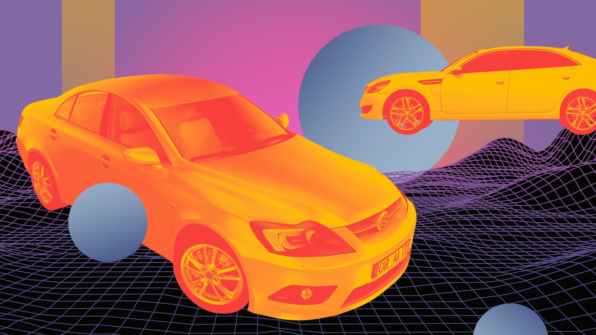 Illustration of wireframe futuristic landscape with cars, surrounded by abstract circles and radical colors