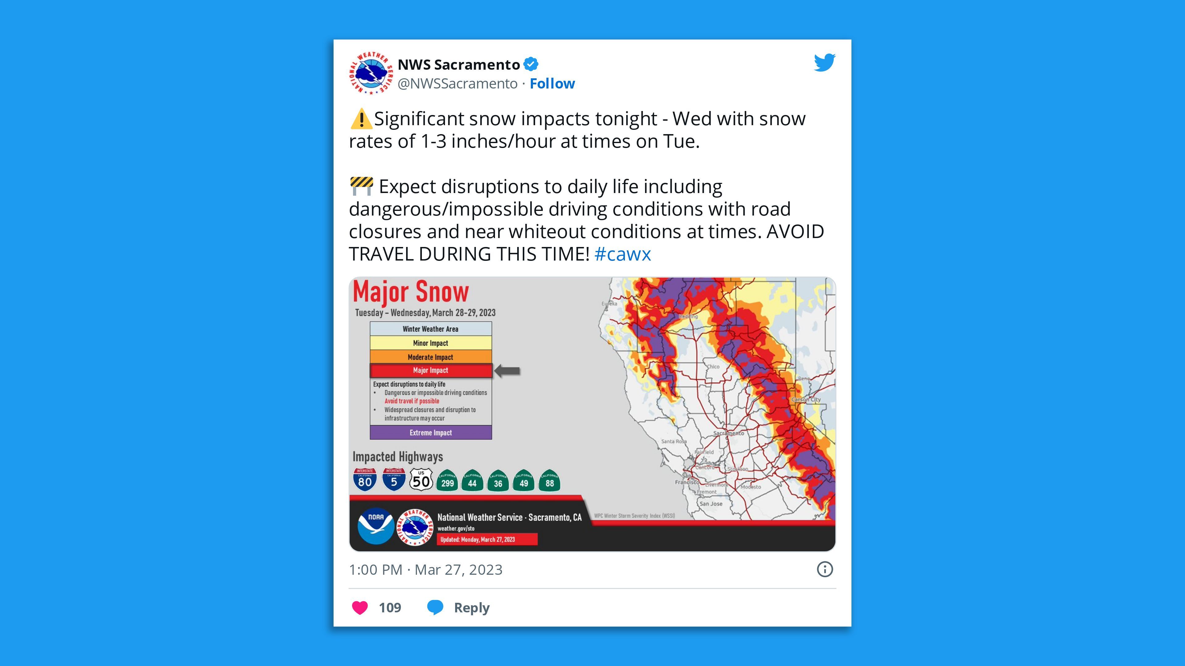 A screenshot of an NWS Sacramento tweet saying: 'Significant snow impacts tonight - Wed with snow rates of 1-3 inches/hour at times on Tue.   🚧 Expect disruptions to daily life including dangerous/impossible driving conditions with road closures and near whiteout conditions at times. AVOID TRAVEL DURING THIS TIME!"