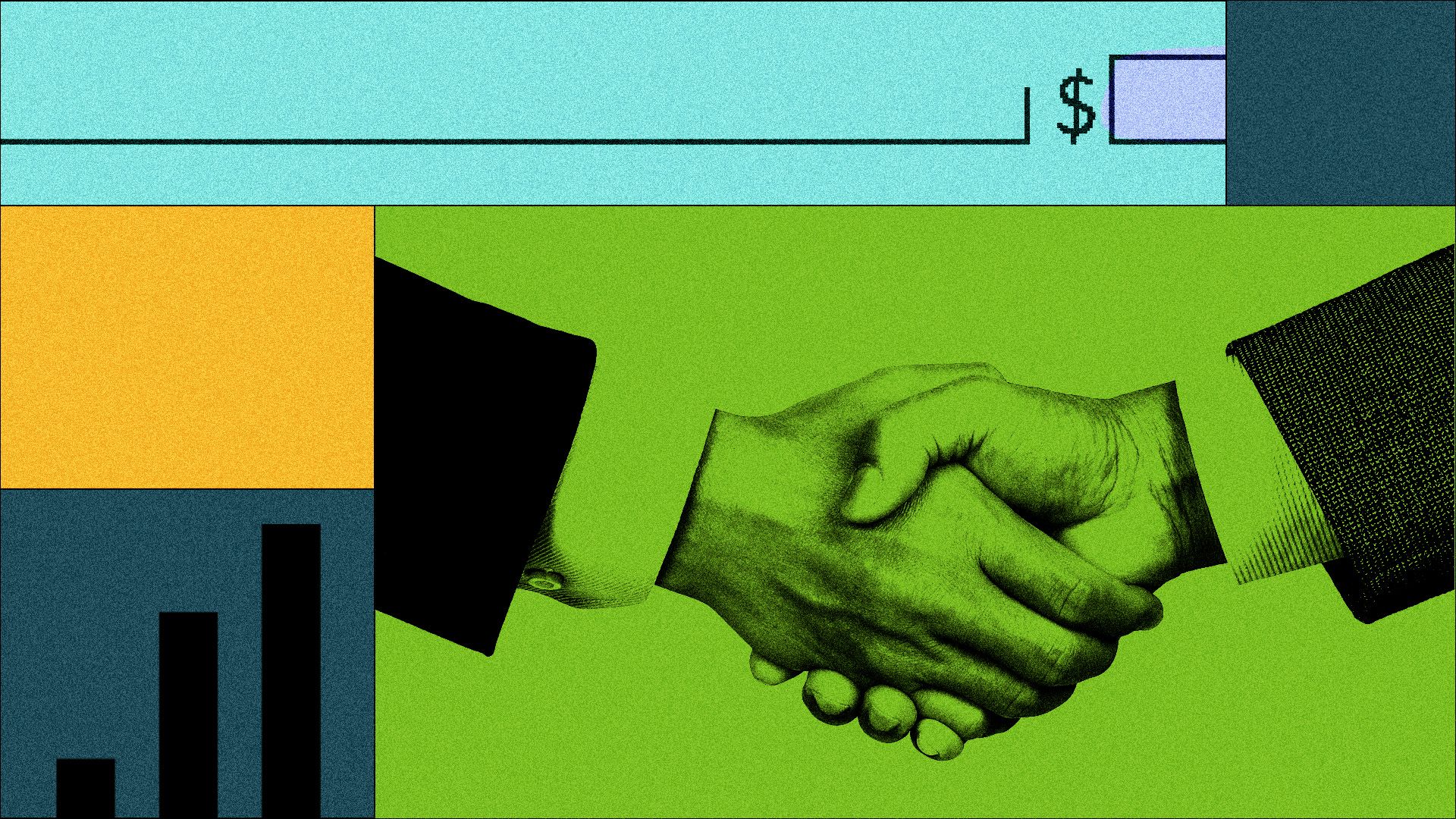 a collage of checks, a bar graph and a handshake