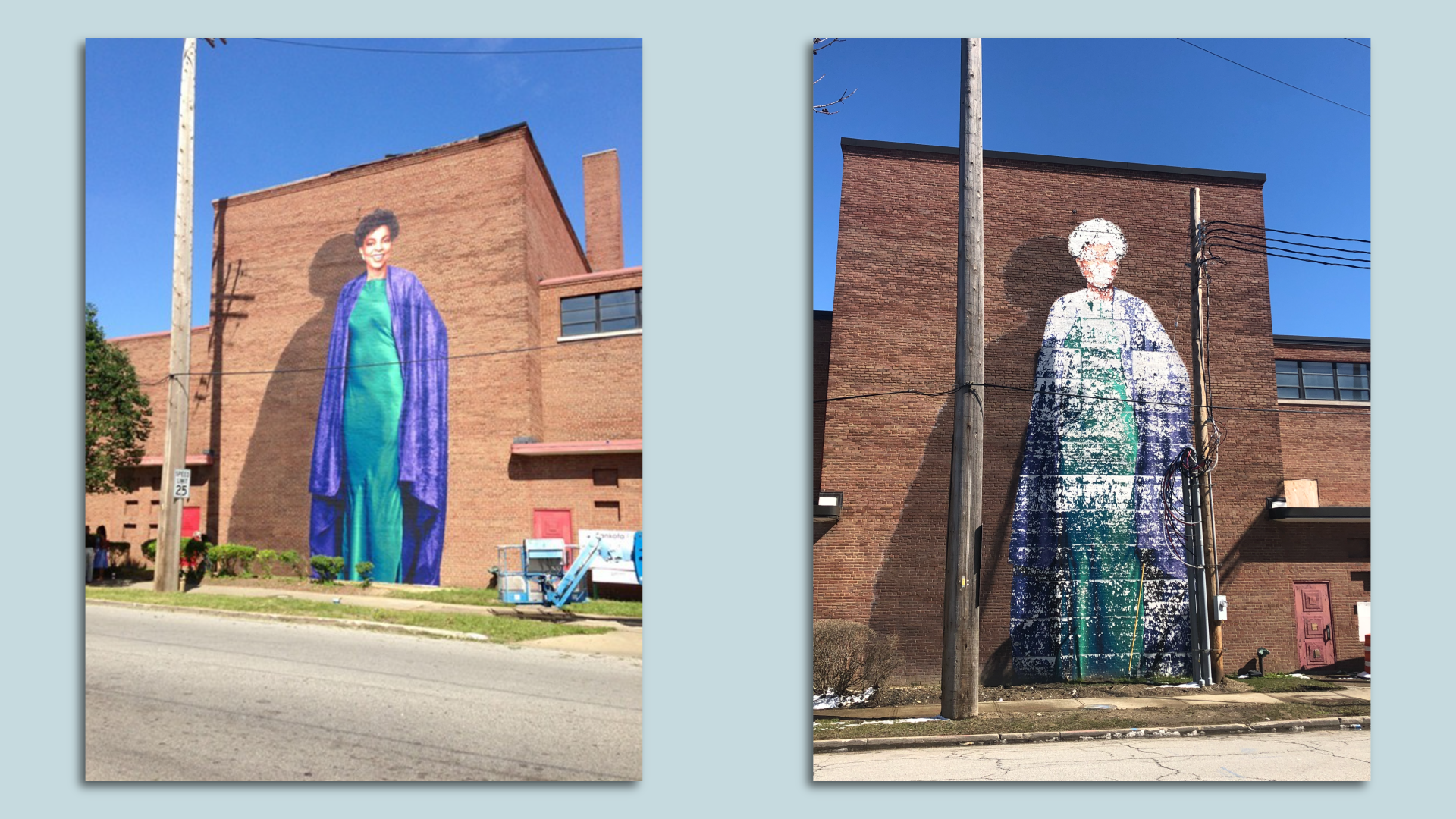 Side by side images of a 40-foot Ruby Dee mural on a brick wall in 2013 and (in much worse shape) in 2023. rent condition. Photos: provided by Karamu House (L) and Sam Allard/Axios (R)