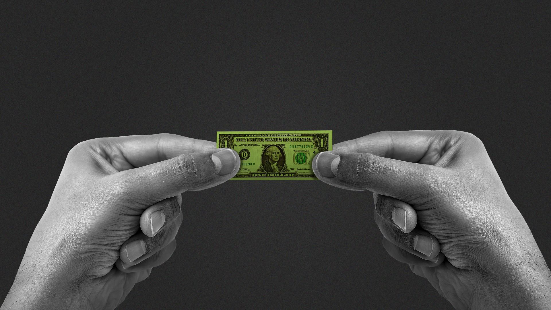Illustration of a person holding a really tiny dollar bill.