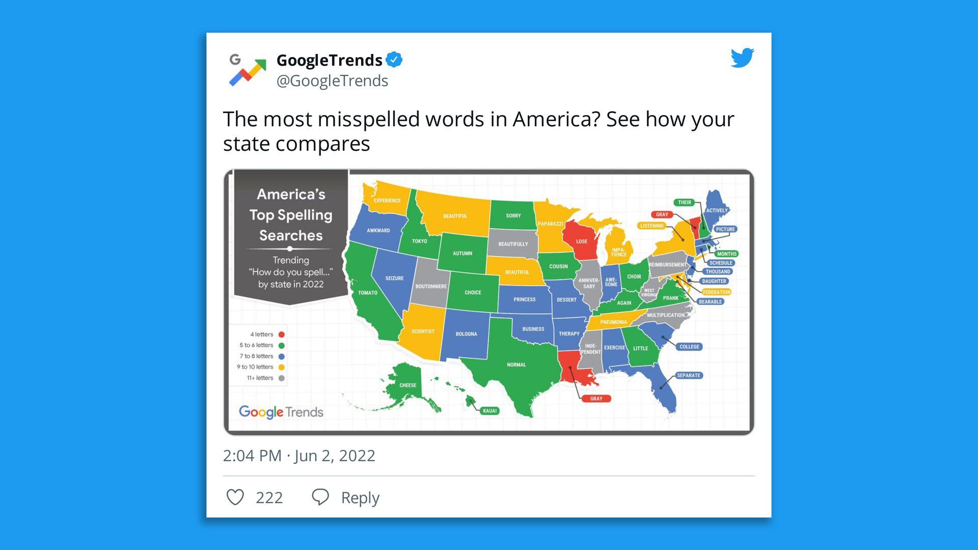 A tweet by Google trends showing a map of the United States with the top word Googled with "hot to spell..." listed in each state.