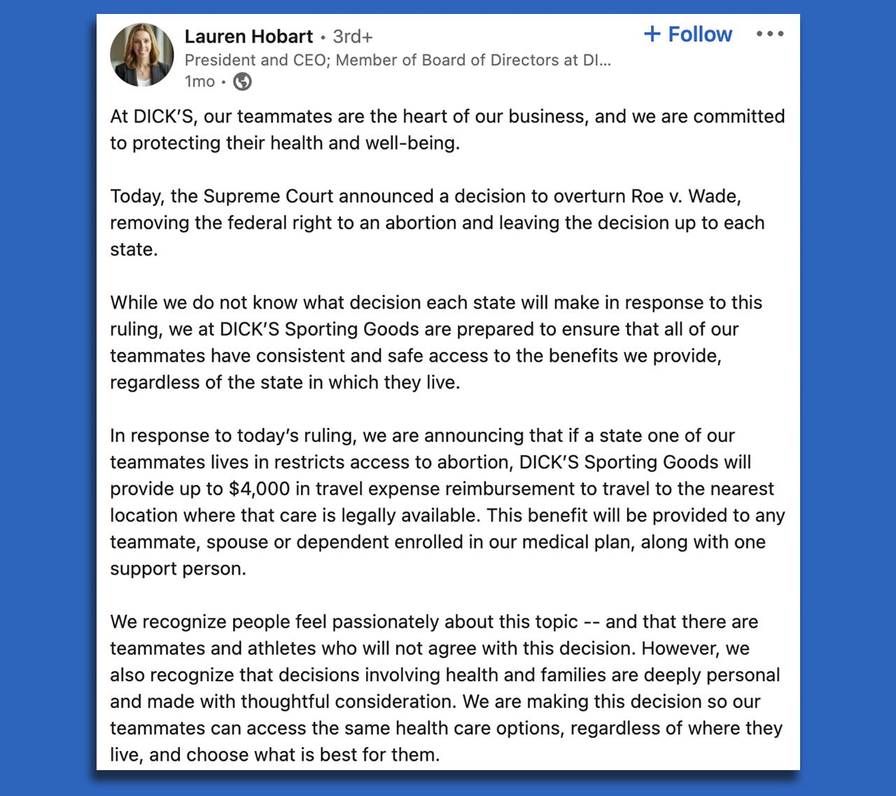 LinkedIn post from Dick's CEO Lauren Hobart in response to the overturn of Roe v. Wade