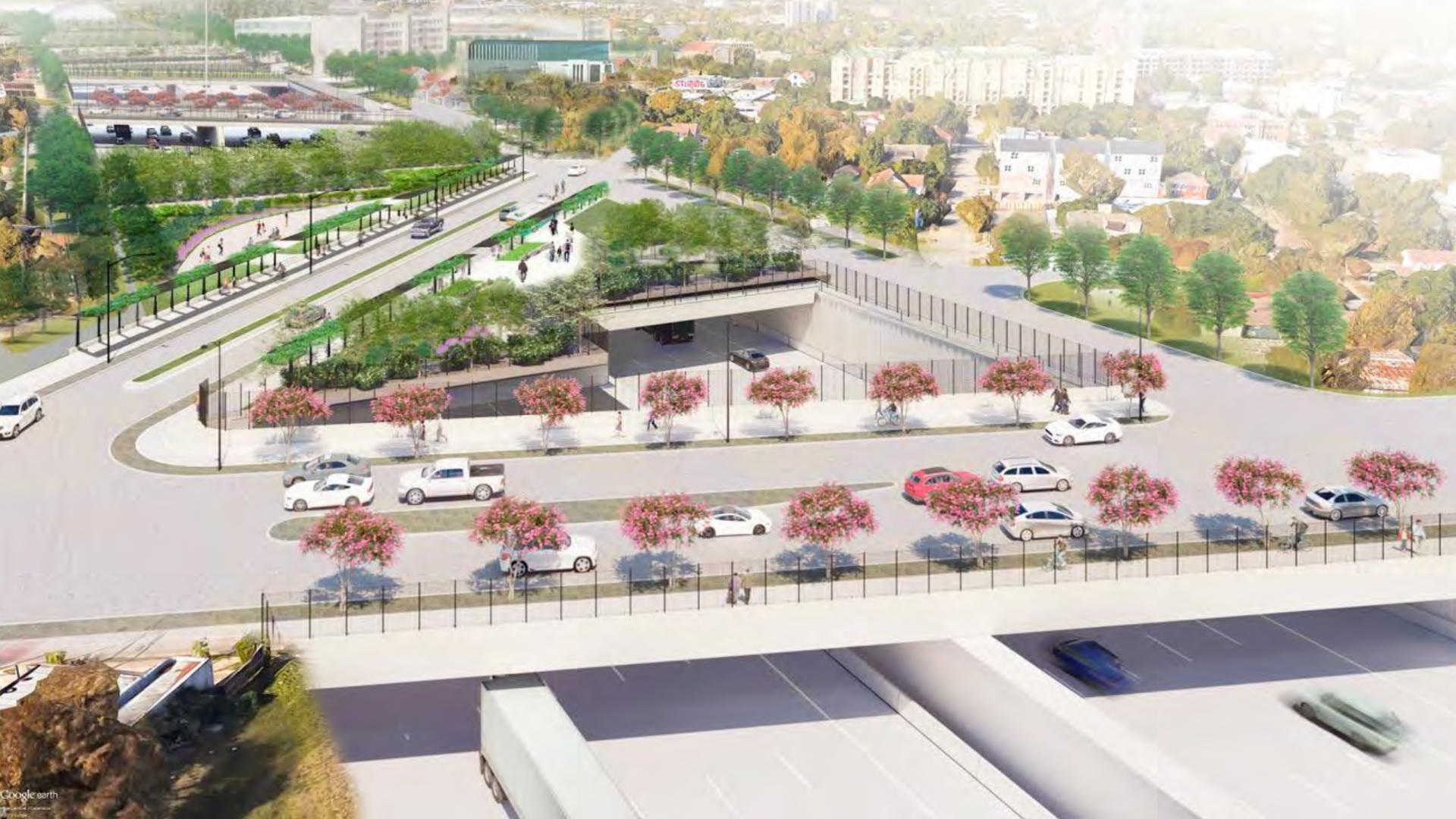 Rendering of a proposed garden bridge over a highway in Houston