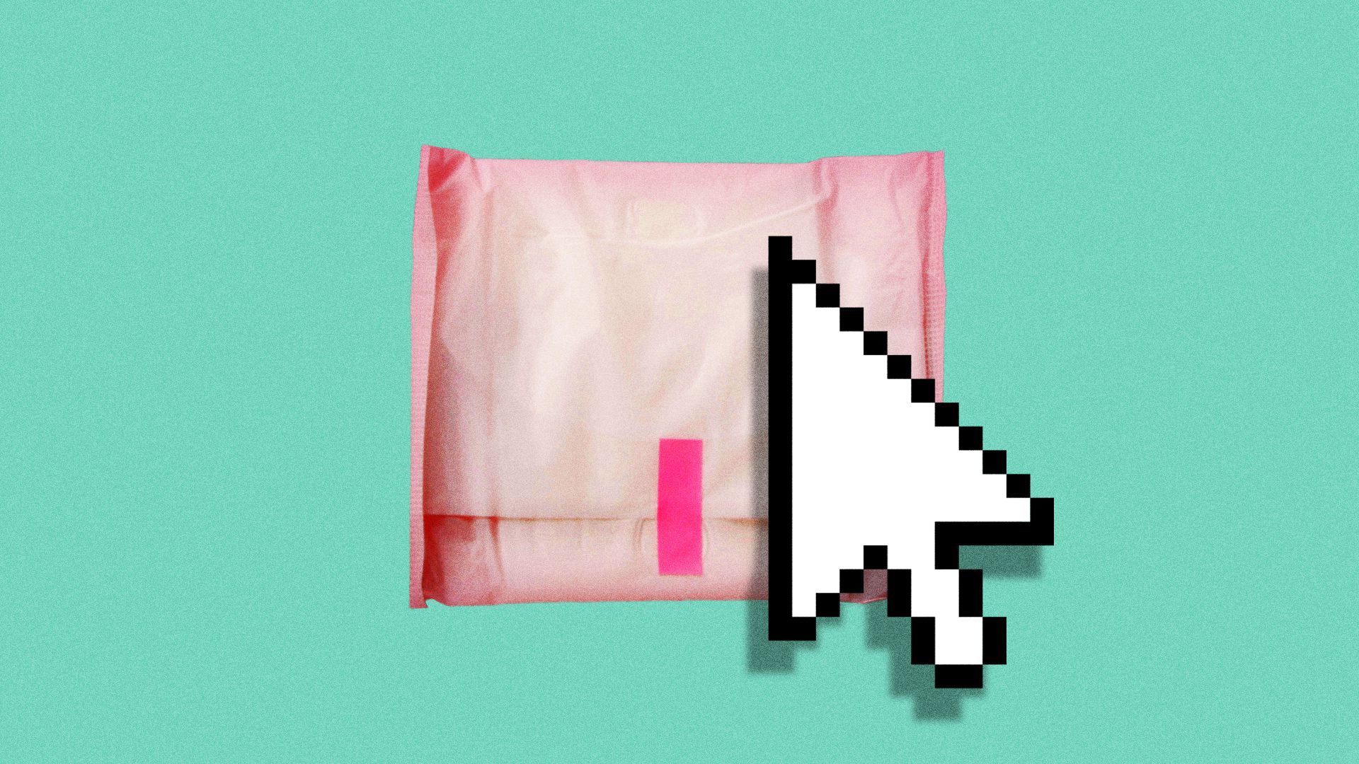 Illustration of a computer cursor hovering over a wrapped panty liner. 