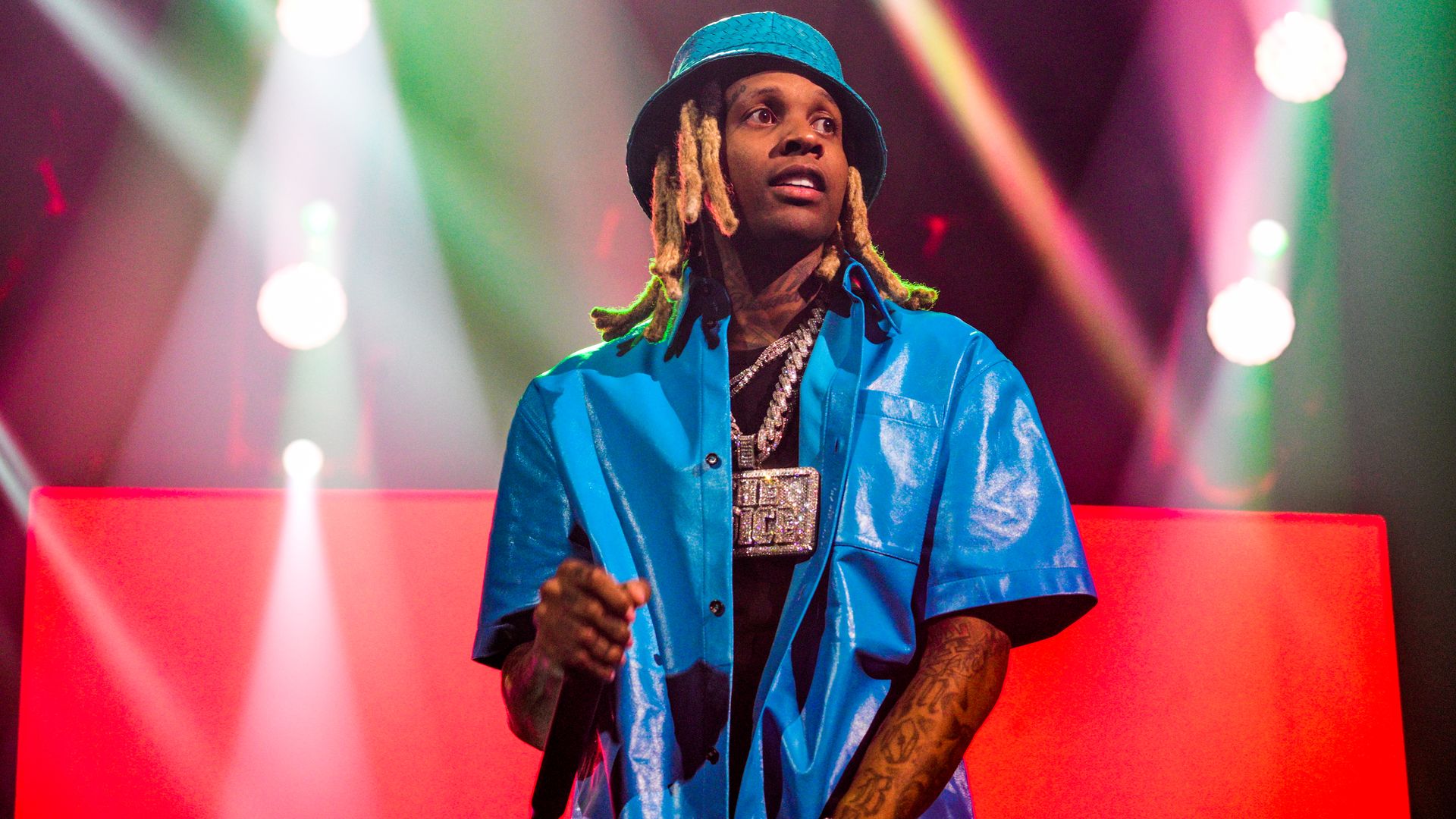  Rapper Lil Durk performs during "One Big Party Tour" at Capital One Arena on January 22, 2023 in Washington, DC.
