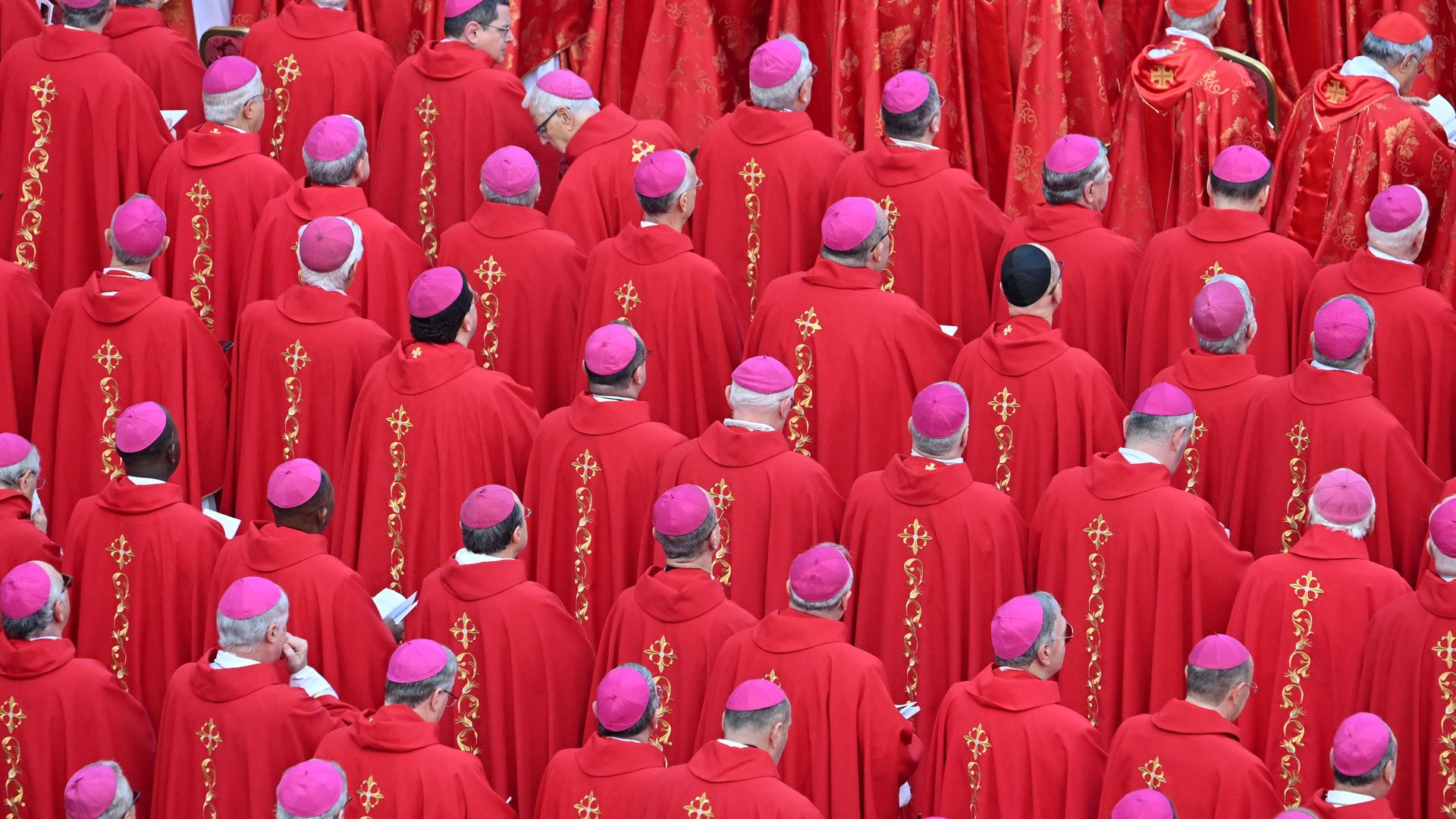 An aerial image of rows of Cardinals and Bishops wearing red robes standing shoulder to shoulder. 