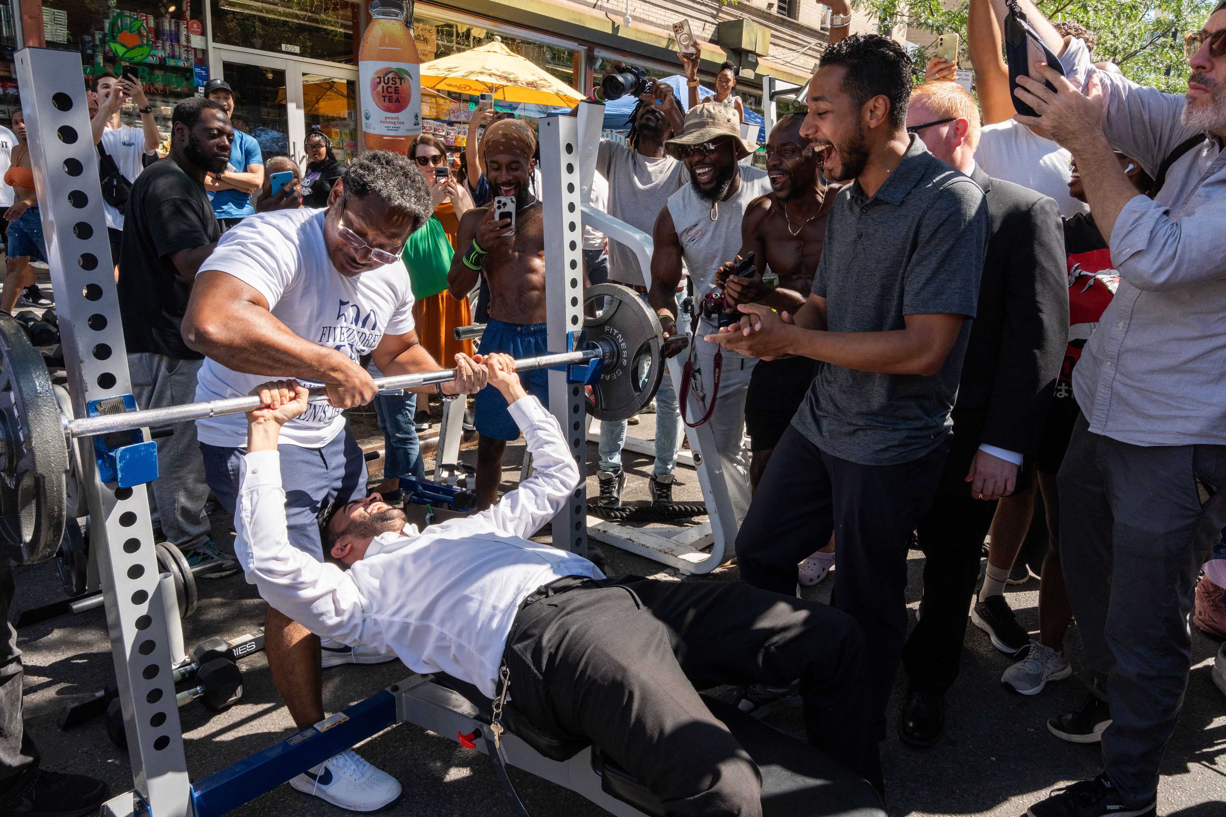 New York City mayoral candidate Zohran Mamdani is seen engaging with voters in Crown Heights, Brooklyn, NY on Saturday, August 23, 2025. Brooklyn Borough President Antonio Reynoso accompanied Mamdani as they toured the neighborhood during the last weekend of open Summer Streets. (Photo by Cristina M