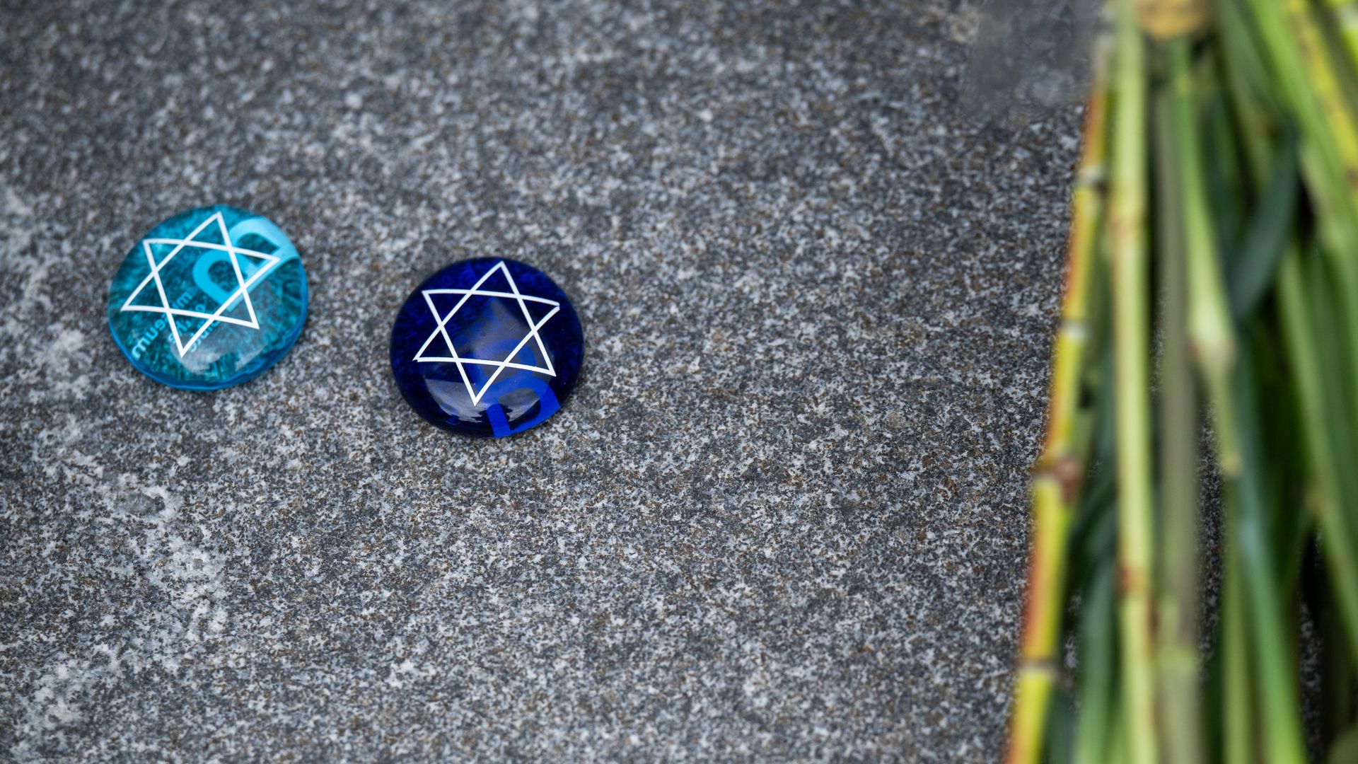 Two glass stones with white Star of David symbols on a gray granite surface, with green plant stems visible on the right side.
